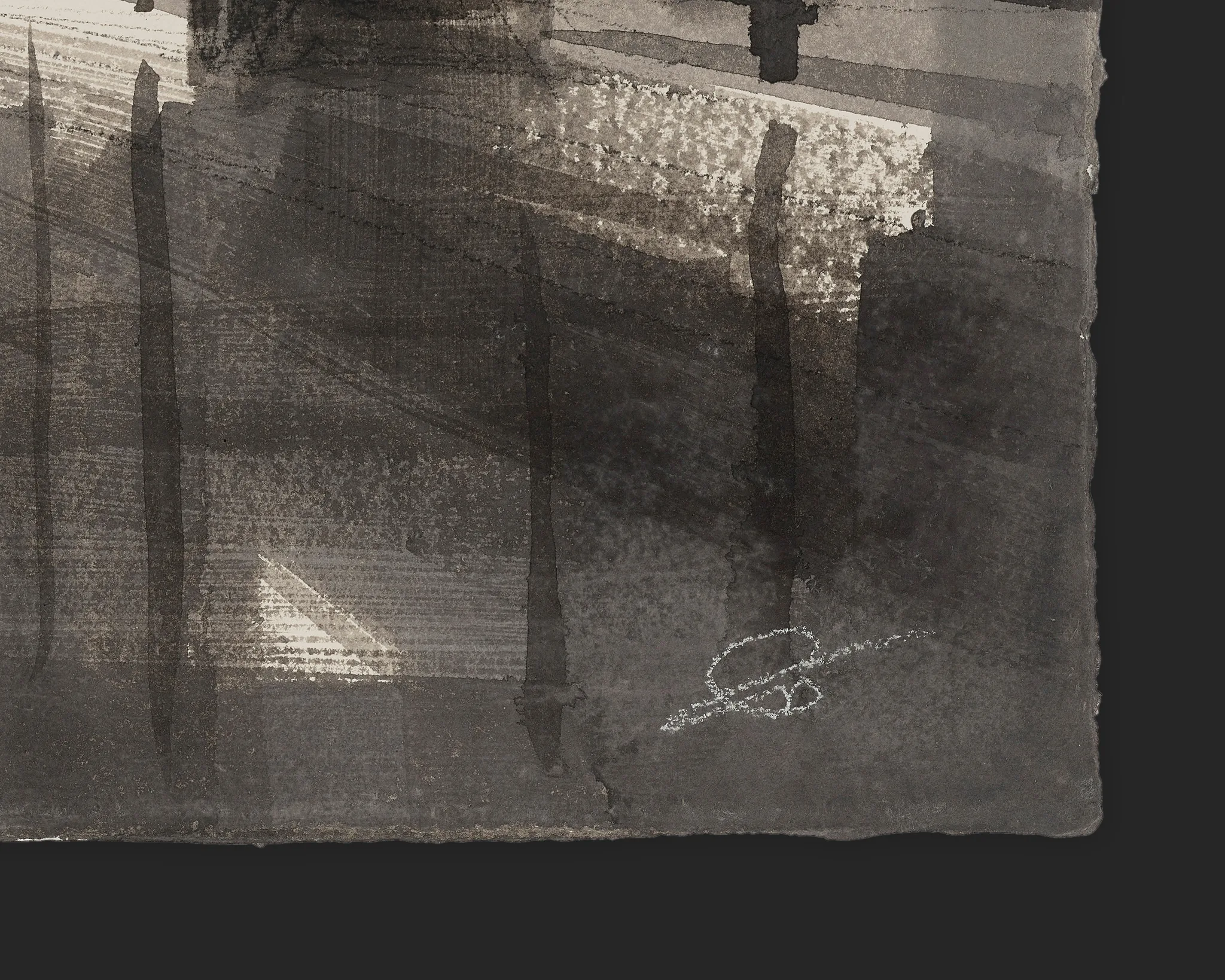Close-up detail of City in Monochrome, an original painting by Paul Kenton: grey watercolour and charcoal washes with vertical ink strokes, and his signature in white chalk at lower right.
