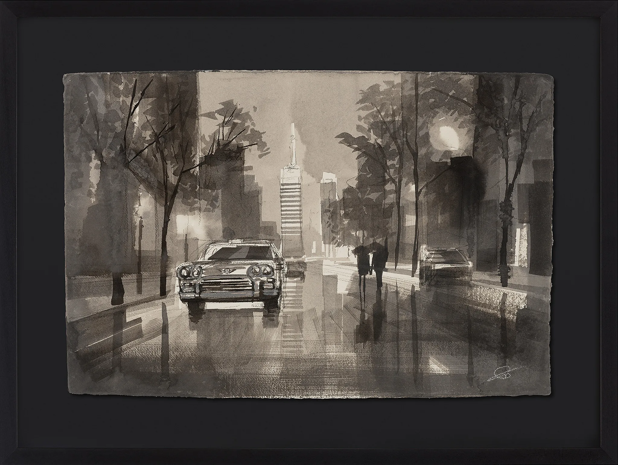 City in Monochrome, an original painting by Paul Kenton, shown in a black frame with a black mount: a rainy New York street in greys and sepia, with a parked car, two figures under umbrellas and a tall tower beyond.