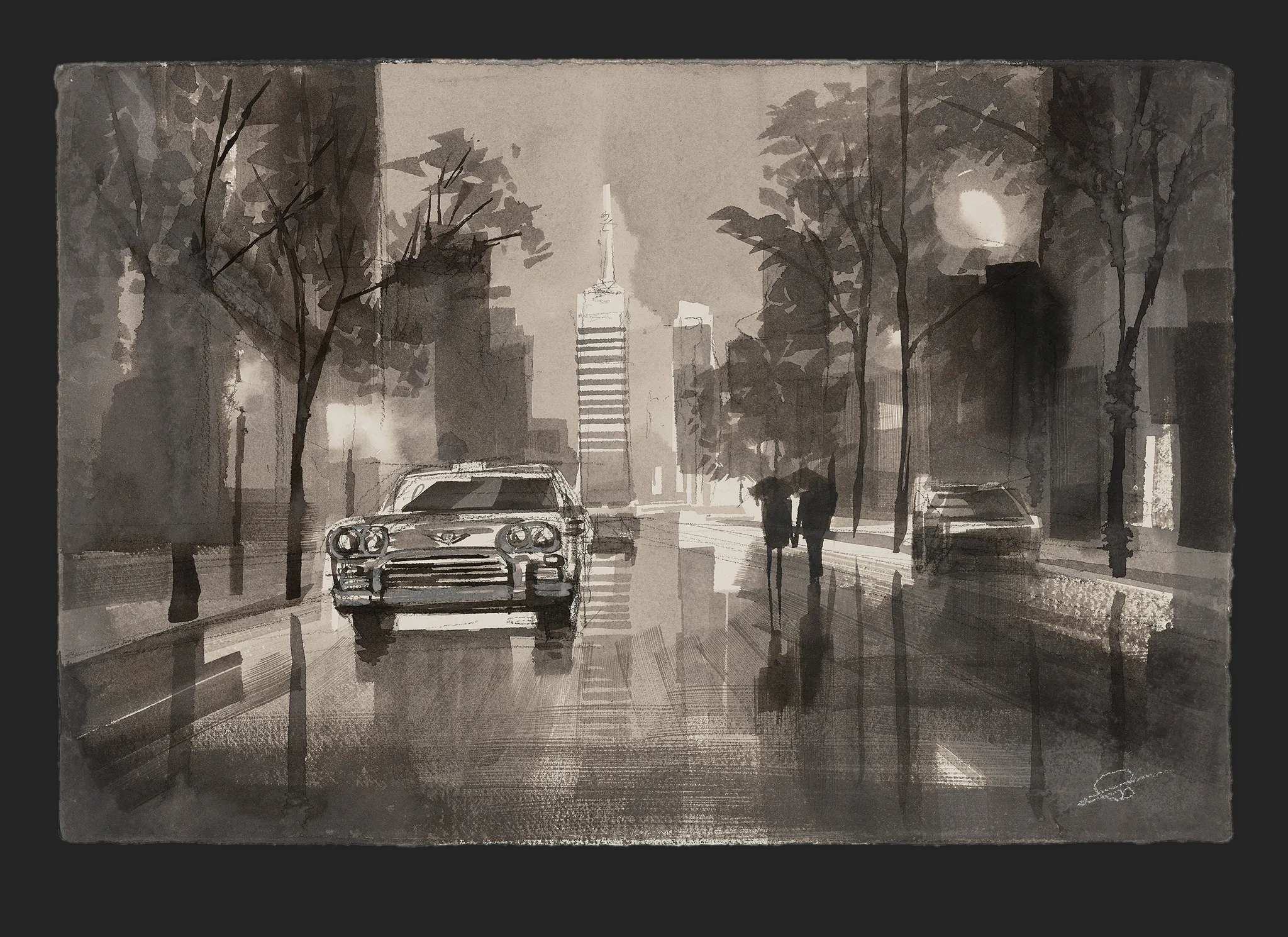 City in Monochrome, an original painting by Paul Kenton: a rain-slicked New York street at night in grey and sepia washes, with a vintage car, a tall striped tower and two figures under umbrellas.