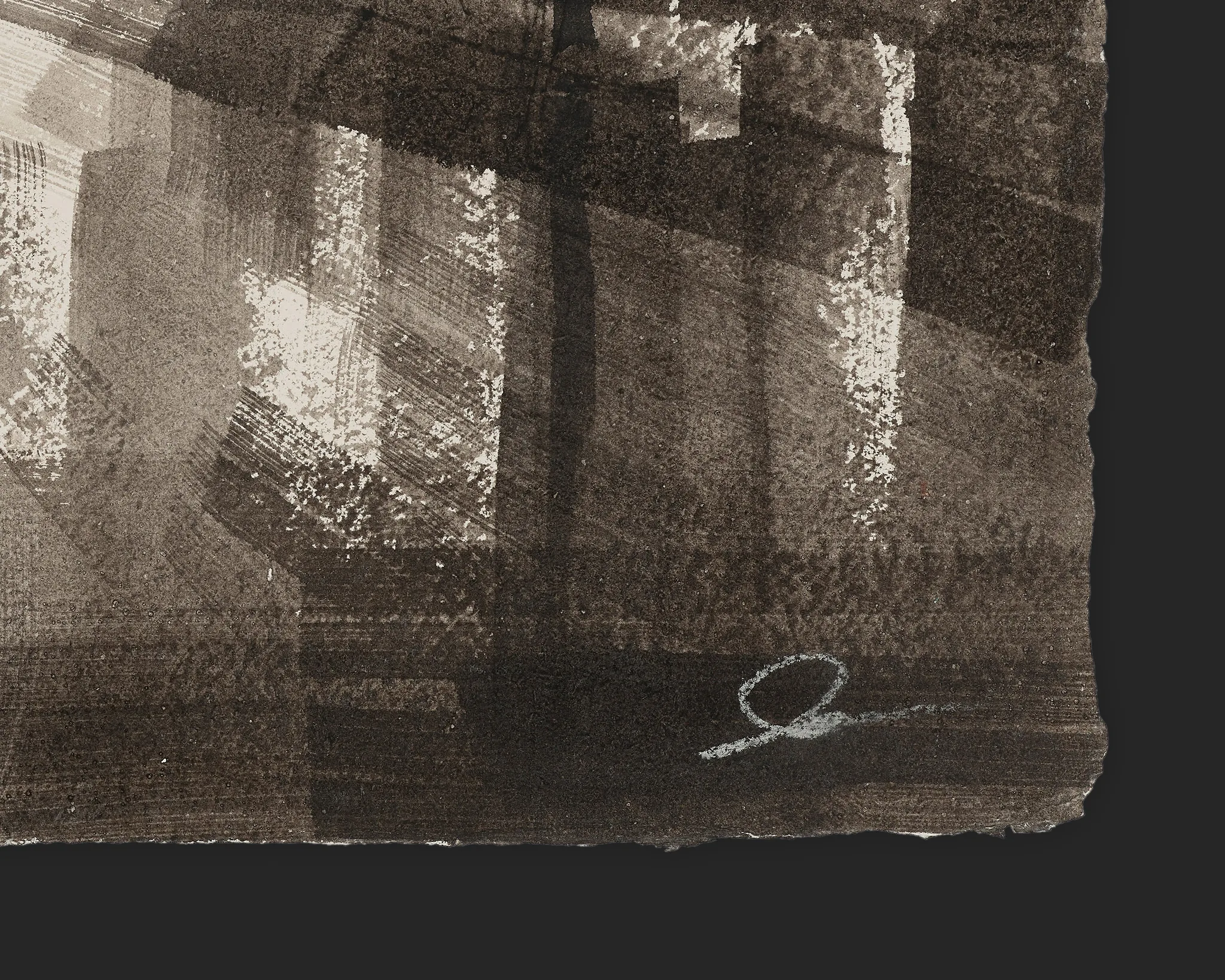 Close-up of New York Noir, an original painting by Paul Kenton, showing textured sepia and charcoal brushwork on torn-edged paper with Kenton's signature in pale chalk-blue at lower right.