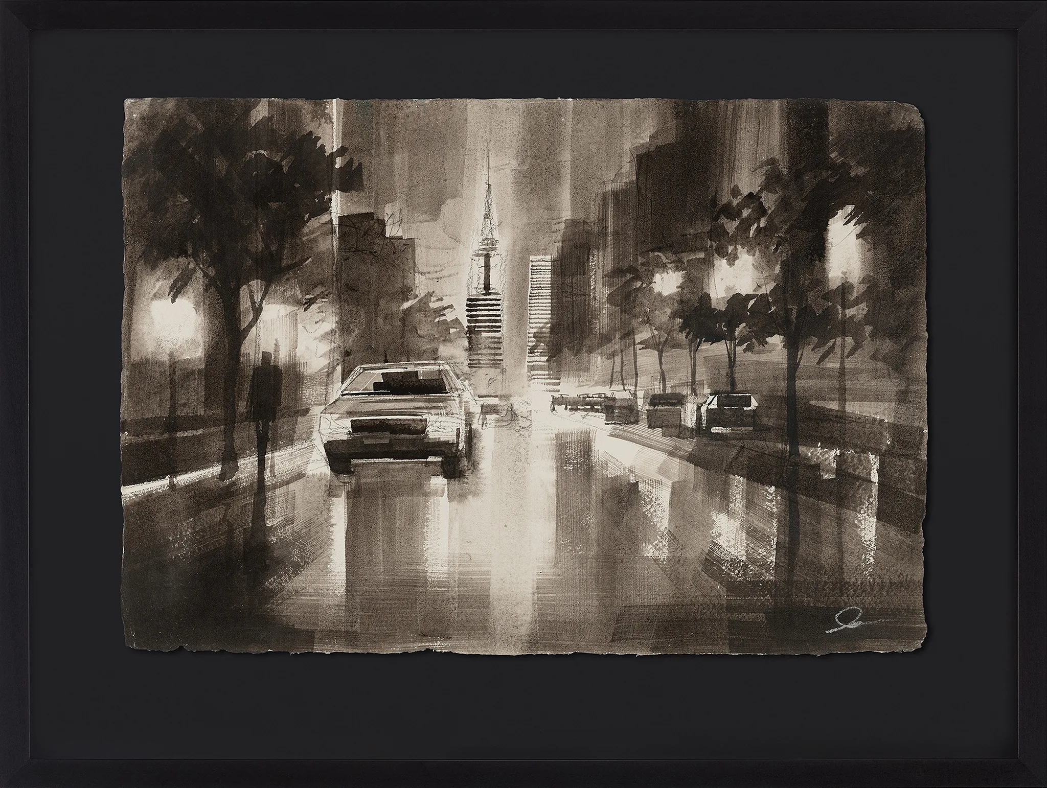 New York Noir, an original painting by Paul Kenton, shown in a black frame: a monochrome sepia street at night with a glowing Chrysler Building, parked cars, and tree-lined pavement reflecting light.