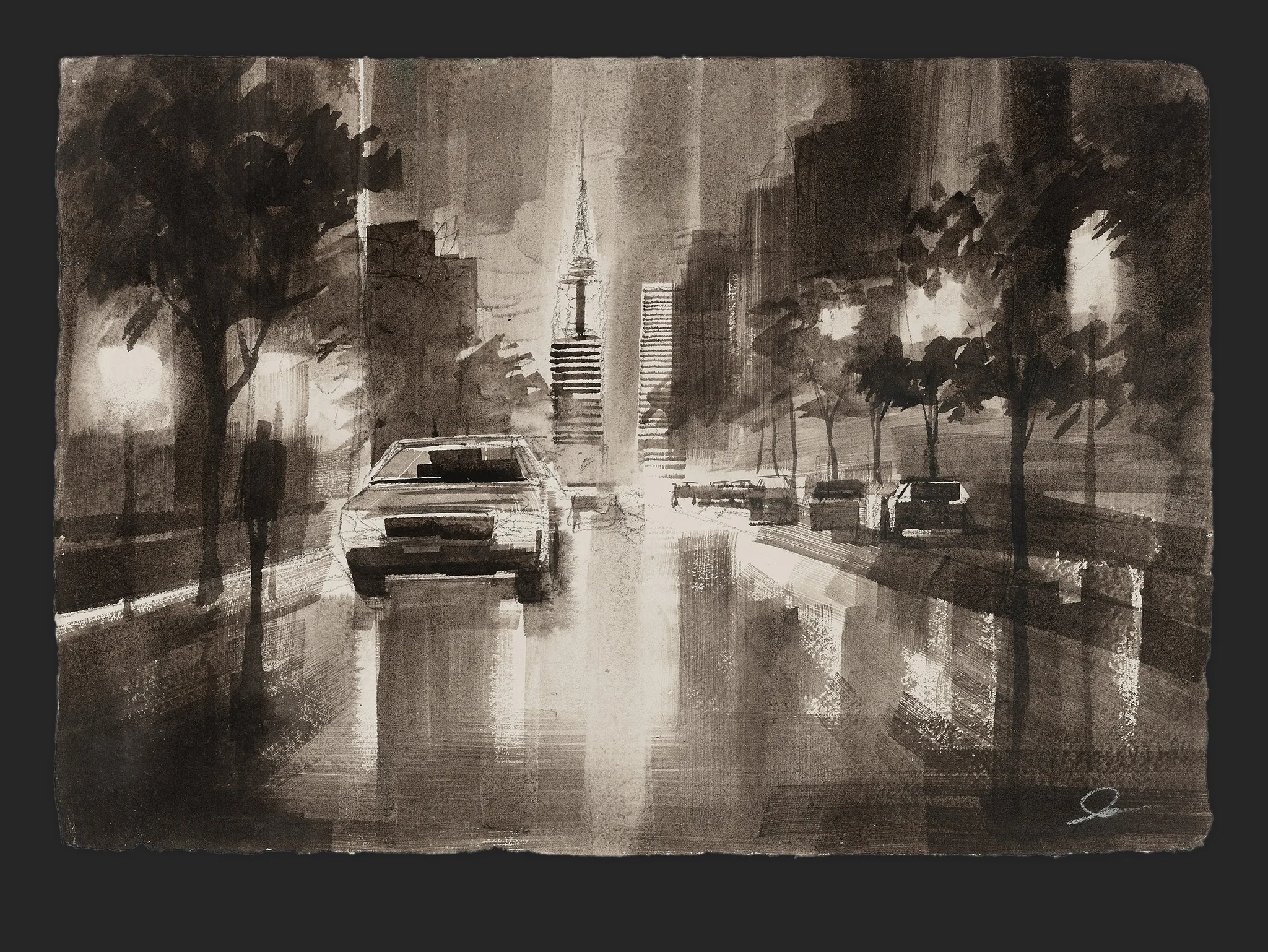 New York Noir, an original painting by Paul Kenton: a rain-slicked night street in sepia monochrome, with a parked car, glowing lamps and a distant tower under soft, moody light.