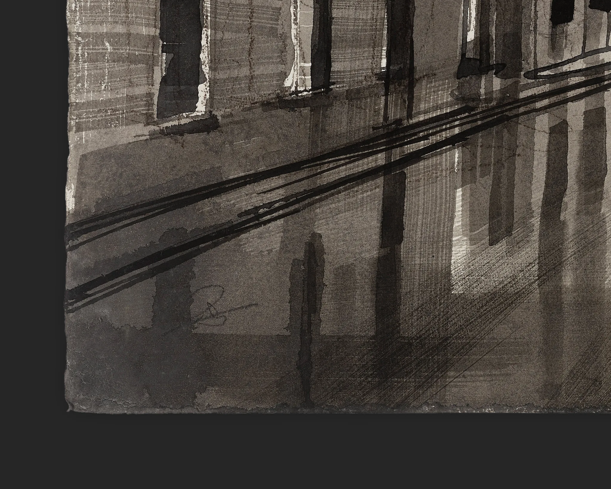 Close-up of Urban Lines, an original painting by Paul Kenton, showing dark ink strokes, charcoal hatching and pale washes of a city street with building windows and reflections on wet ground.