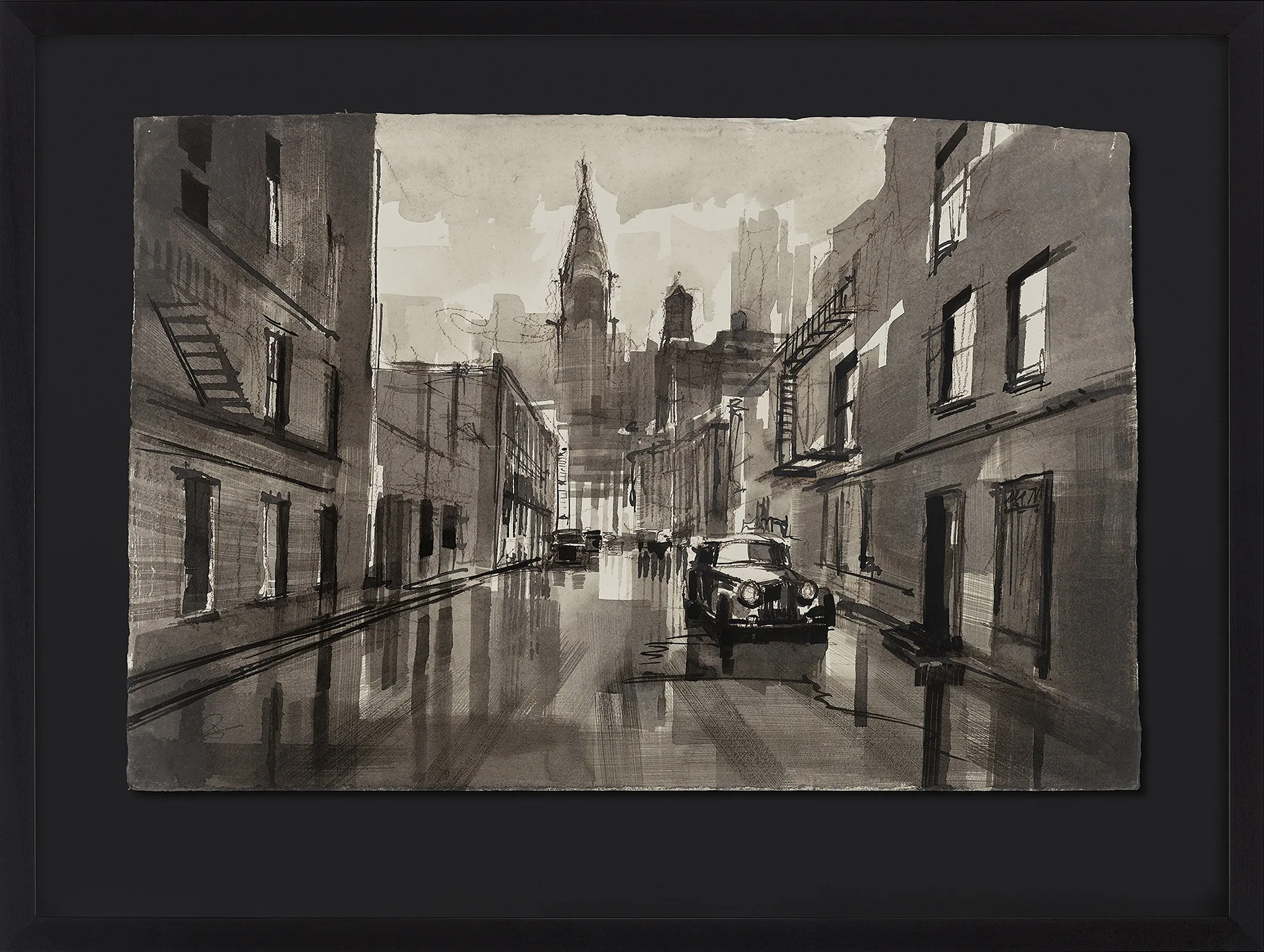 Urban Lines, an original painting by Paul Kenton in a black frame: a monochrome street in New York with wet reflections, a vintage car and a spired tower, in grey ink and charcoal.