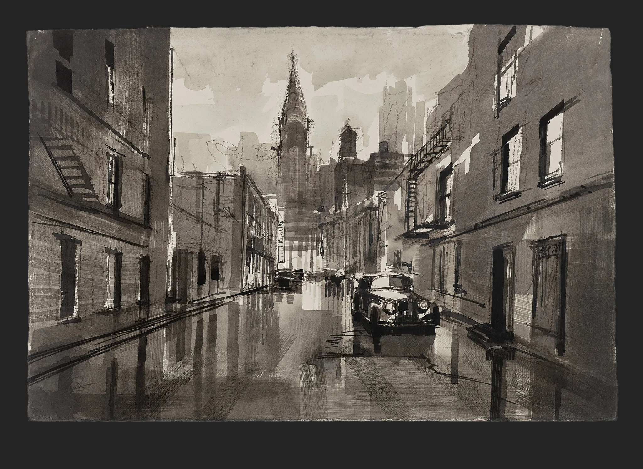 Urban Lines, an original painting by Paul Kenton: a wet, monochrome city street of New York seen in grey washes, with a vintage car parked on the reflective road and a spire rising at the vanishing point.