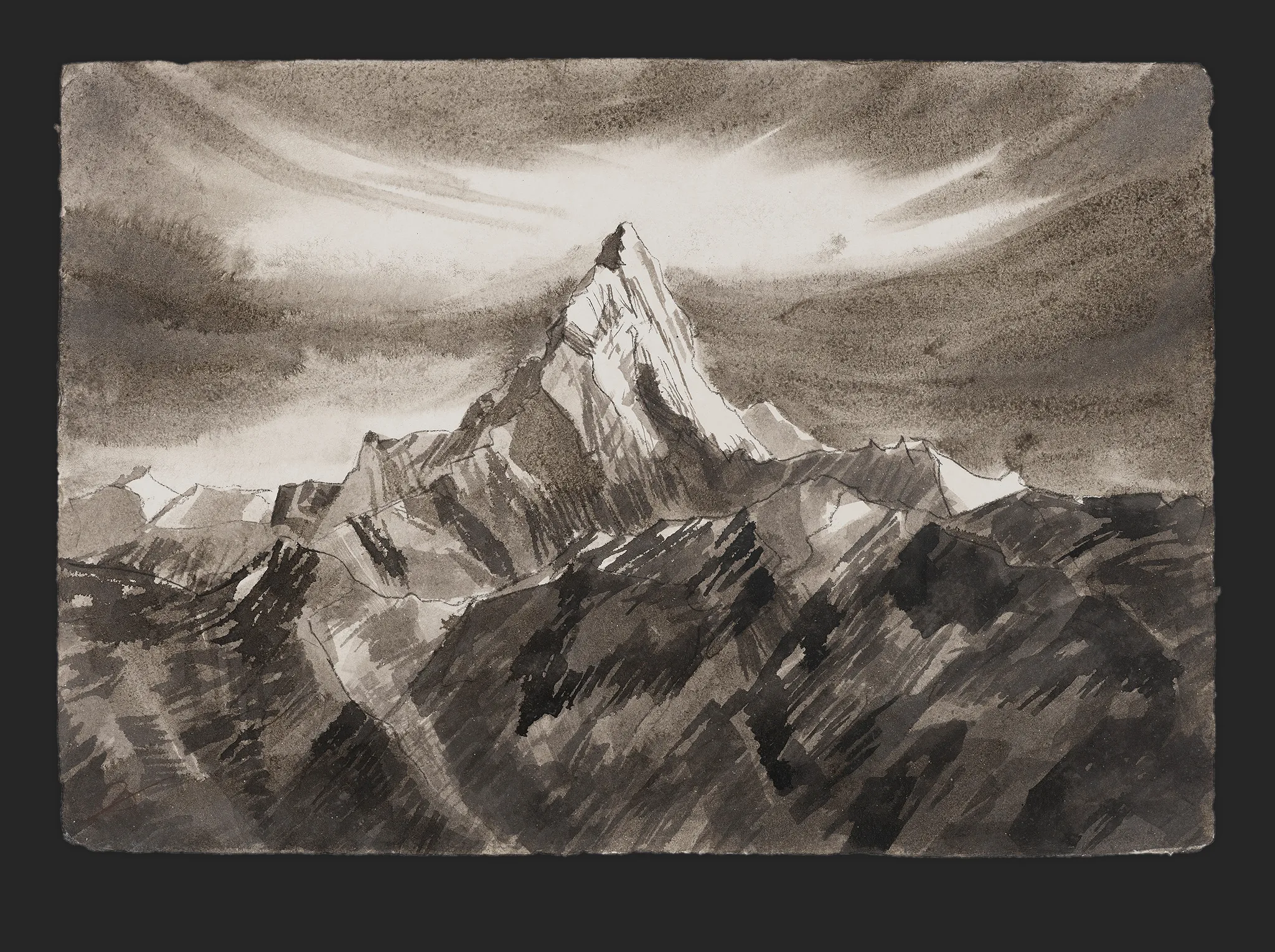 In the Stillness of Height, an original painting by Paul Kenton: a single sharp peak rises in pale light above dark, angular ridges, under a brooding grey sky, in ink and charcoal.