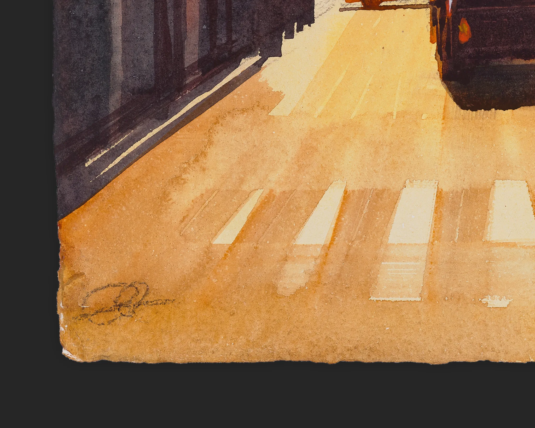 Close-up of Morning Haze, an original painting by Paul Kenton: a sunlit city street in warm ochre washes, with dark building shadows at left, pale crosswalk stripes and a dark vehicle at upper right.