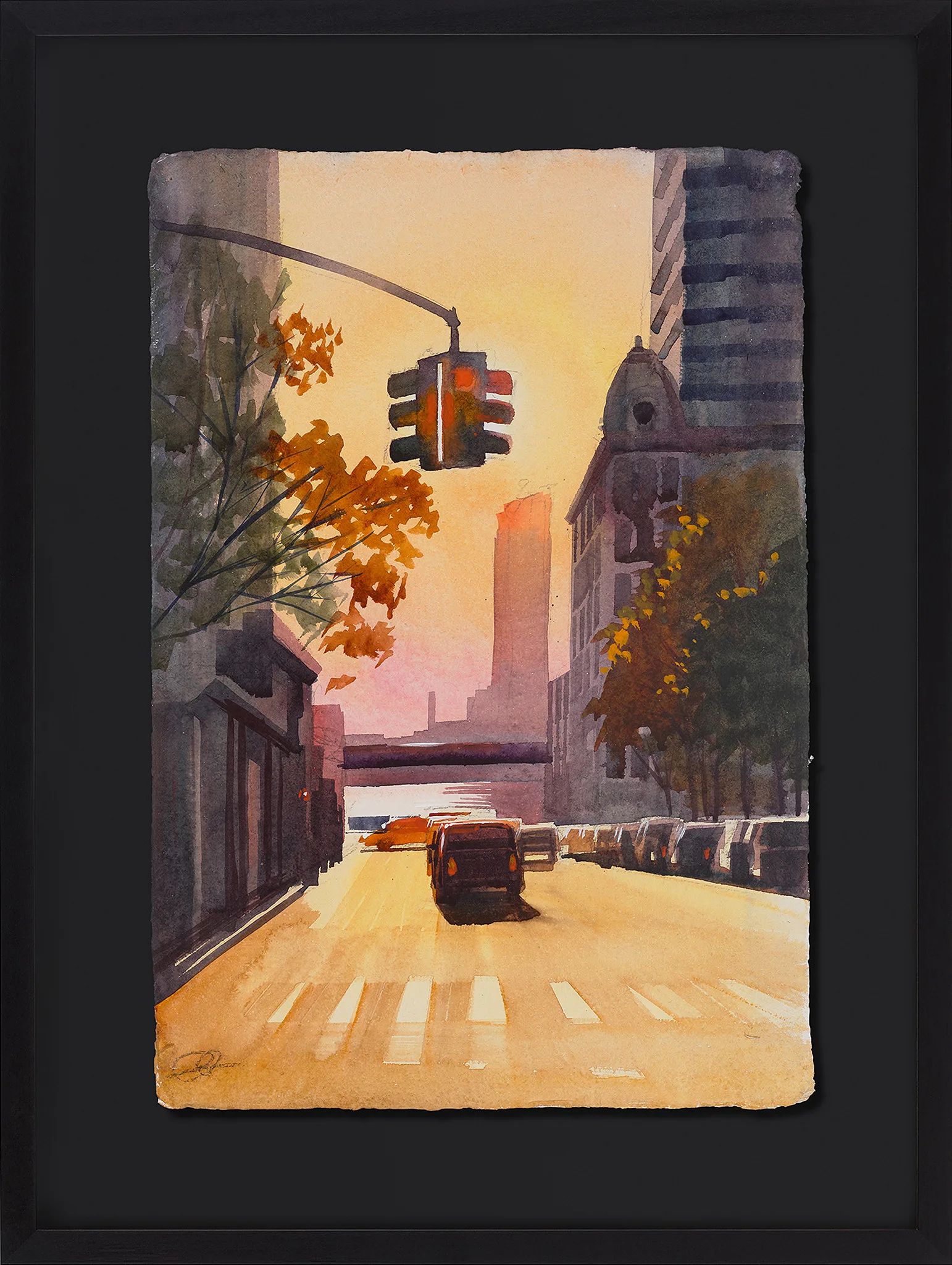 Morning Haze, an original painting by Paul Kenton, shown in a black frame: a hazy city street at sunrise with a red traffic light, parked cars and a glowing orange sky.