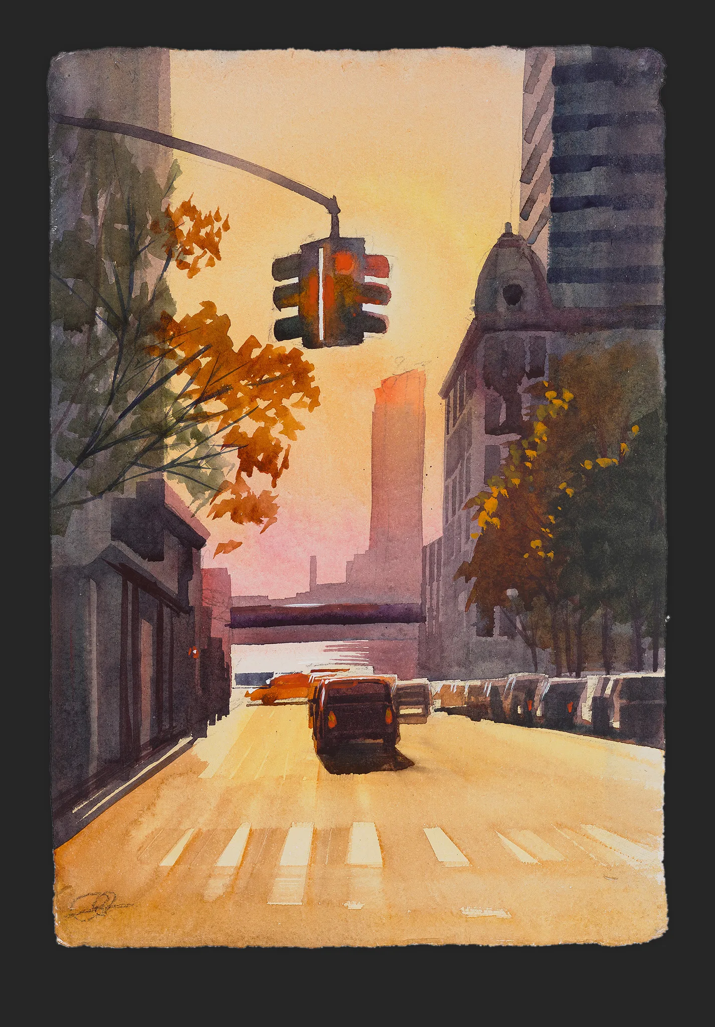 Morning Haze, an original painting by Paul Kenton: a hazy city street at sunrise, with a traffic light, autumn trees, parked cars and a distant tower glowing in warm orange and pink.