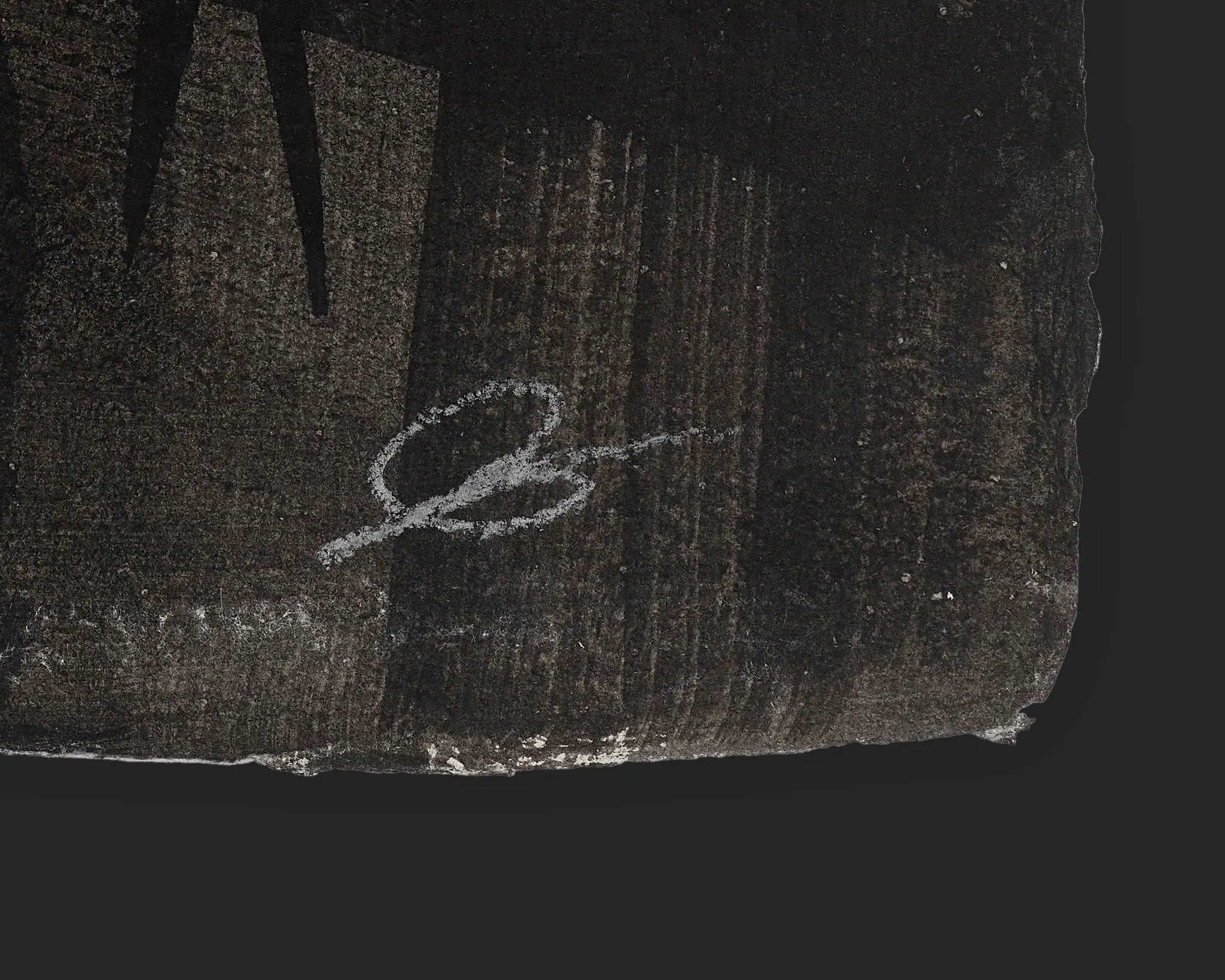 Close-up detail of Umbrella Chorus, an original ink and gouache painting by Paul Kenton, showing his pale signature over dark, textured grey brushwork on Indian paper.