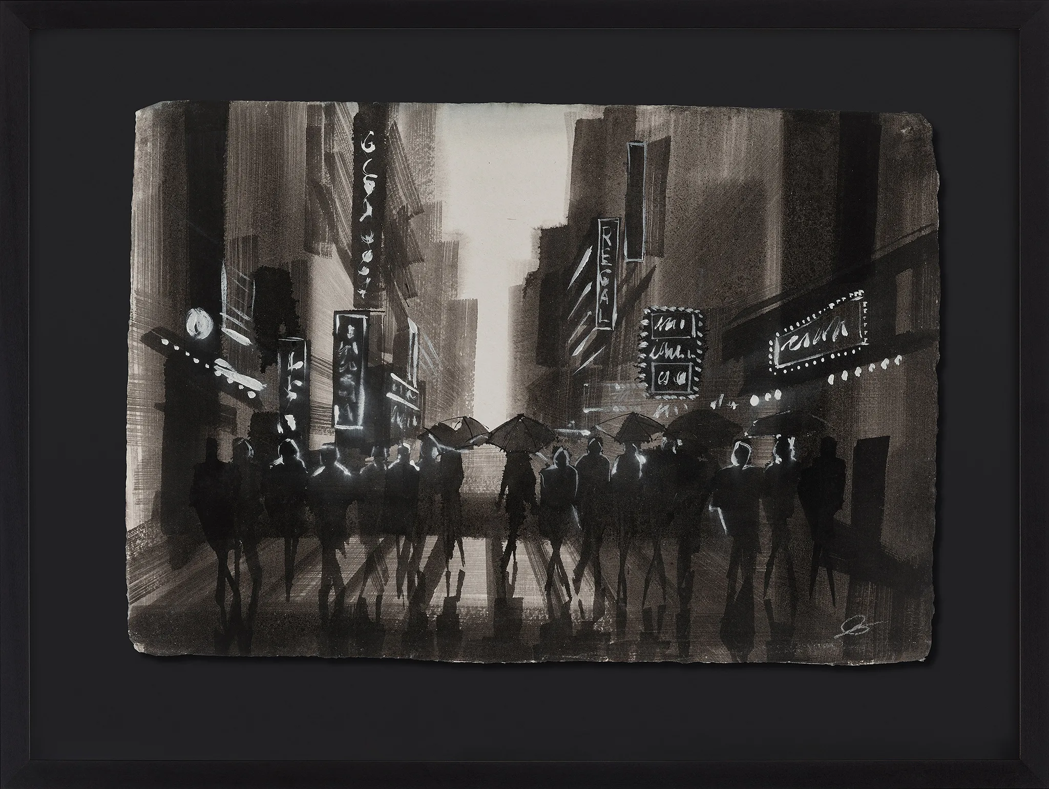 Umbrella Chorus, an original ink and gouache painting by Paul Kenton, shown in a black frame: a monochrome New York street at dusk, with silhouetted figures holding umbrellas beneath glowing signs.
