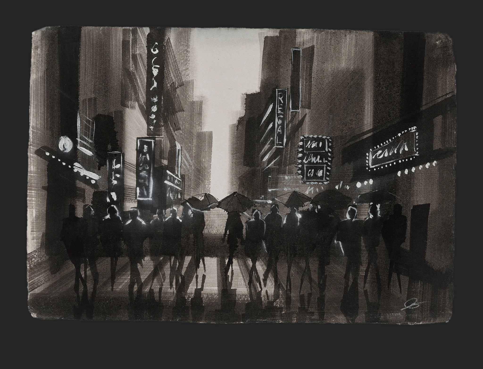 Umbrella Chorus, an original painting by Paul Kenton: silhouetted figures carrying umbrellas cross a rain-soaked New York street beneath glowing theatre signs, rendered in monochrome ink and gouache.