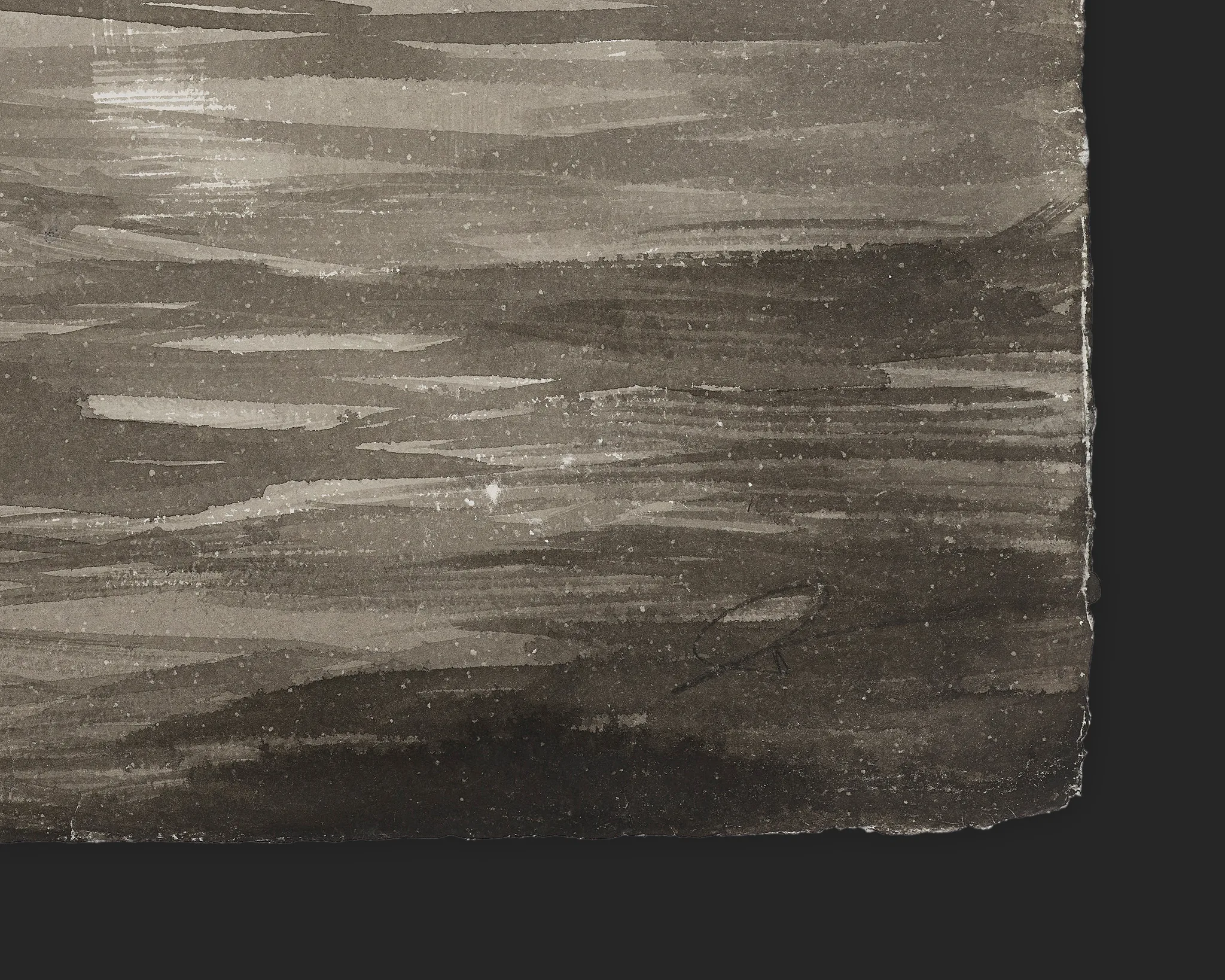 Close-up of Canal Stillness, an original ink painting by Paul Kenton, showing horizontal grey-brown strokes suggesting still water and a deckled paper edge.