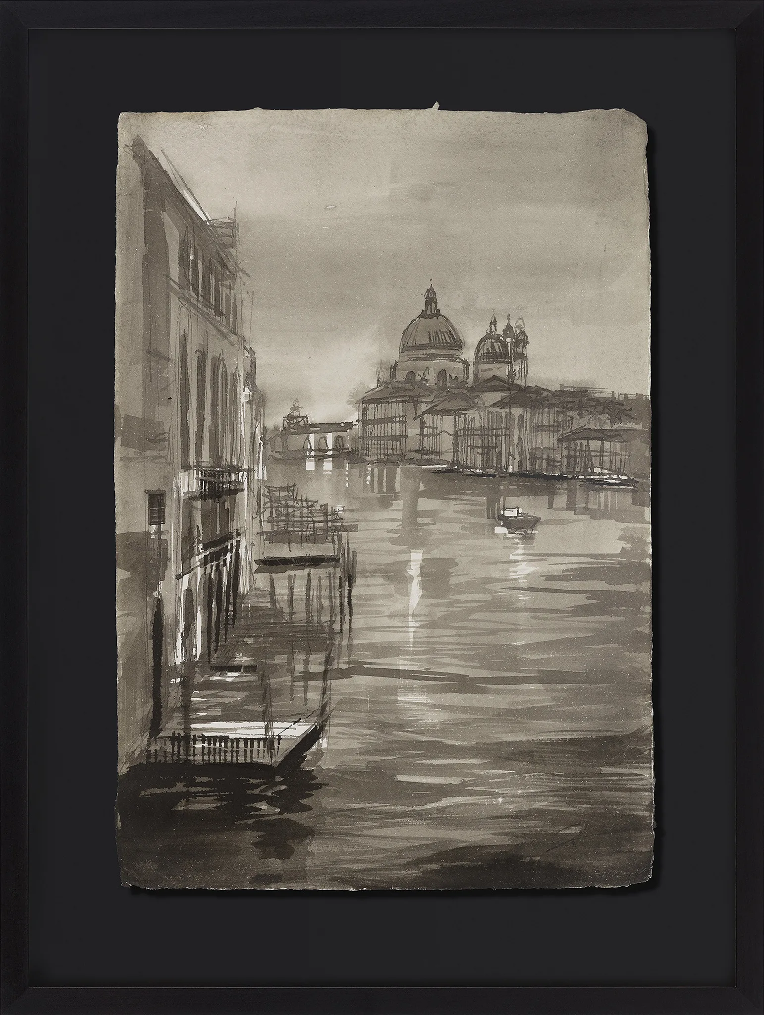 Canal Stillness, an original ink painting by Paul Kenton in a black frame: a grey Venetian canal at dawn, with domed church and palazzi on the water's edge.