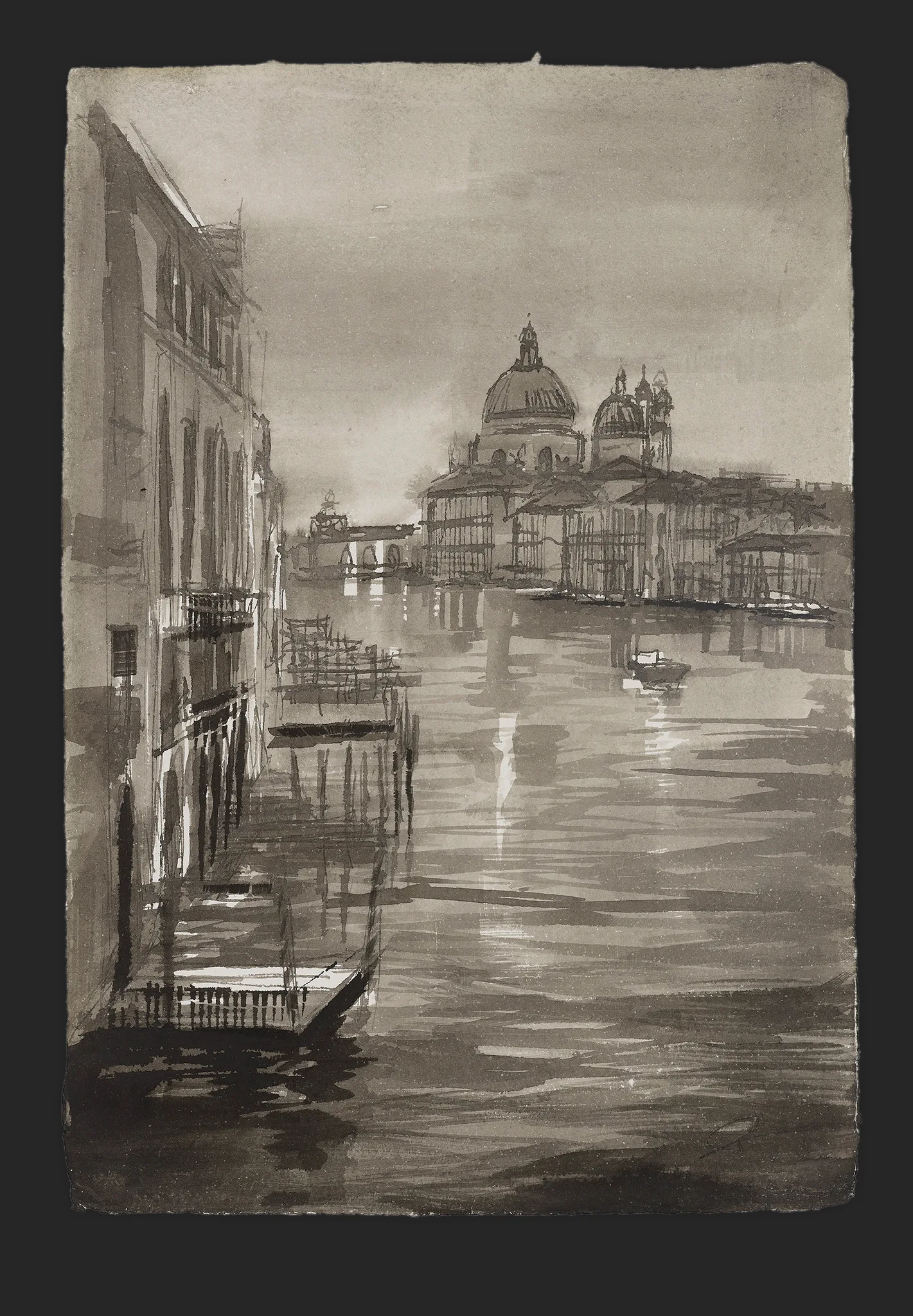 Canal Stillness, an original ink painting by Paul Kenton: a misty Venice canal in greys and browns, with a domed church beyond the water and a lone boat.