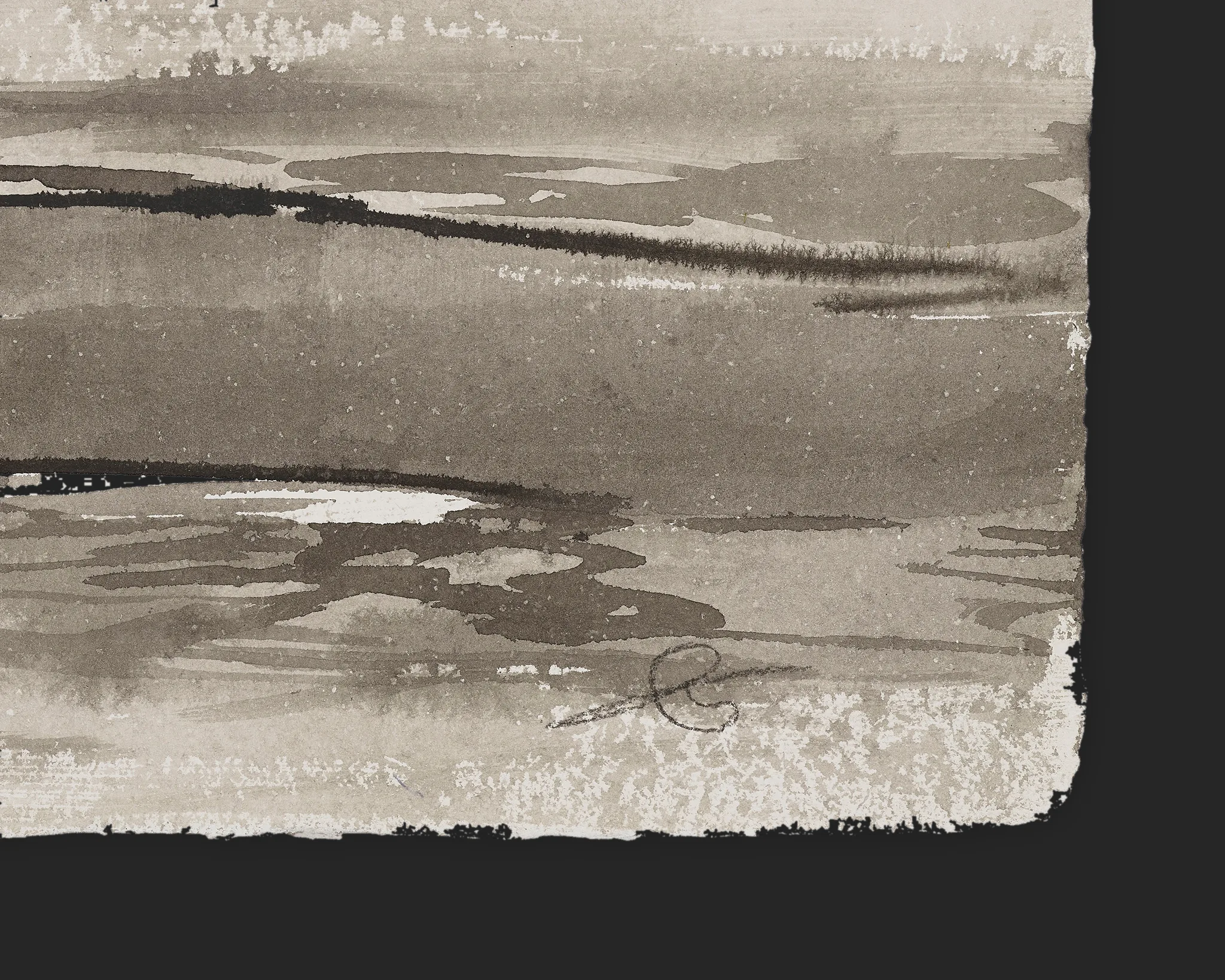 Close-up detail of Storm on the Horizon, an original ink painting by Paul Kenton on Indian paper, showing soft brown wash bands, dark brushed lines and his signature in the lower right.