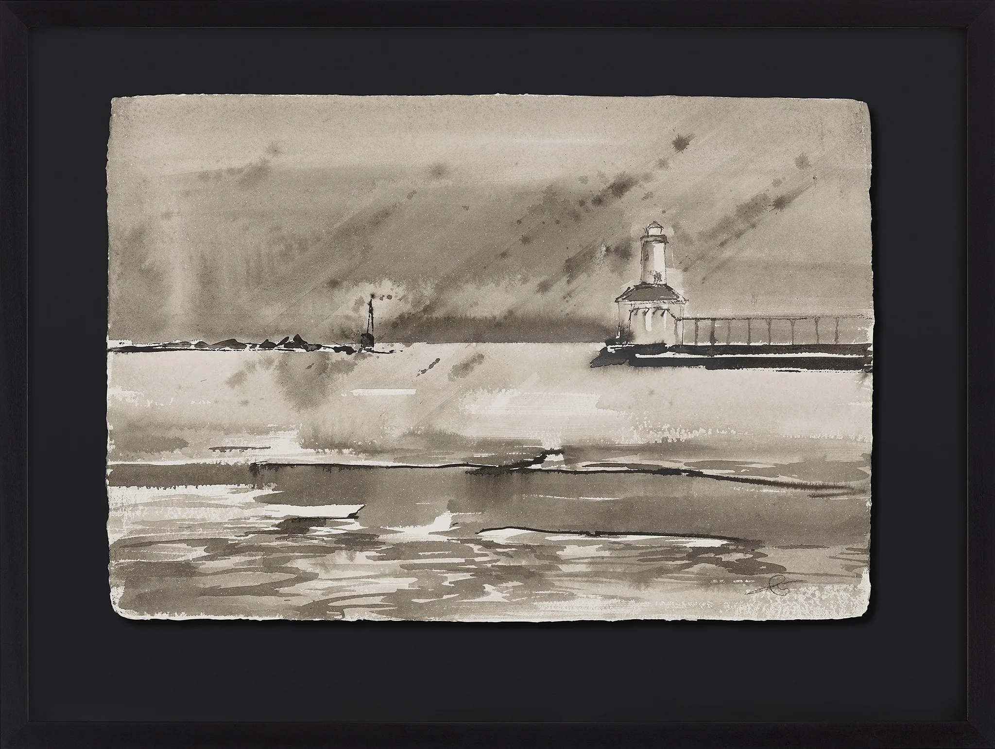 Storm on the Horizon, an original ink painting by Paul Kenton in a black frame: a grey-brown monochrome harbour scene with a lighthouse and pier on the right, a rough jetty on the left, and rain-streaked sky over rippling water.