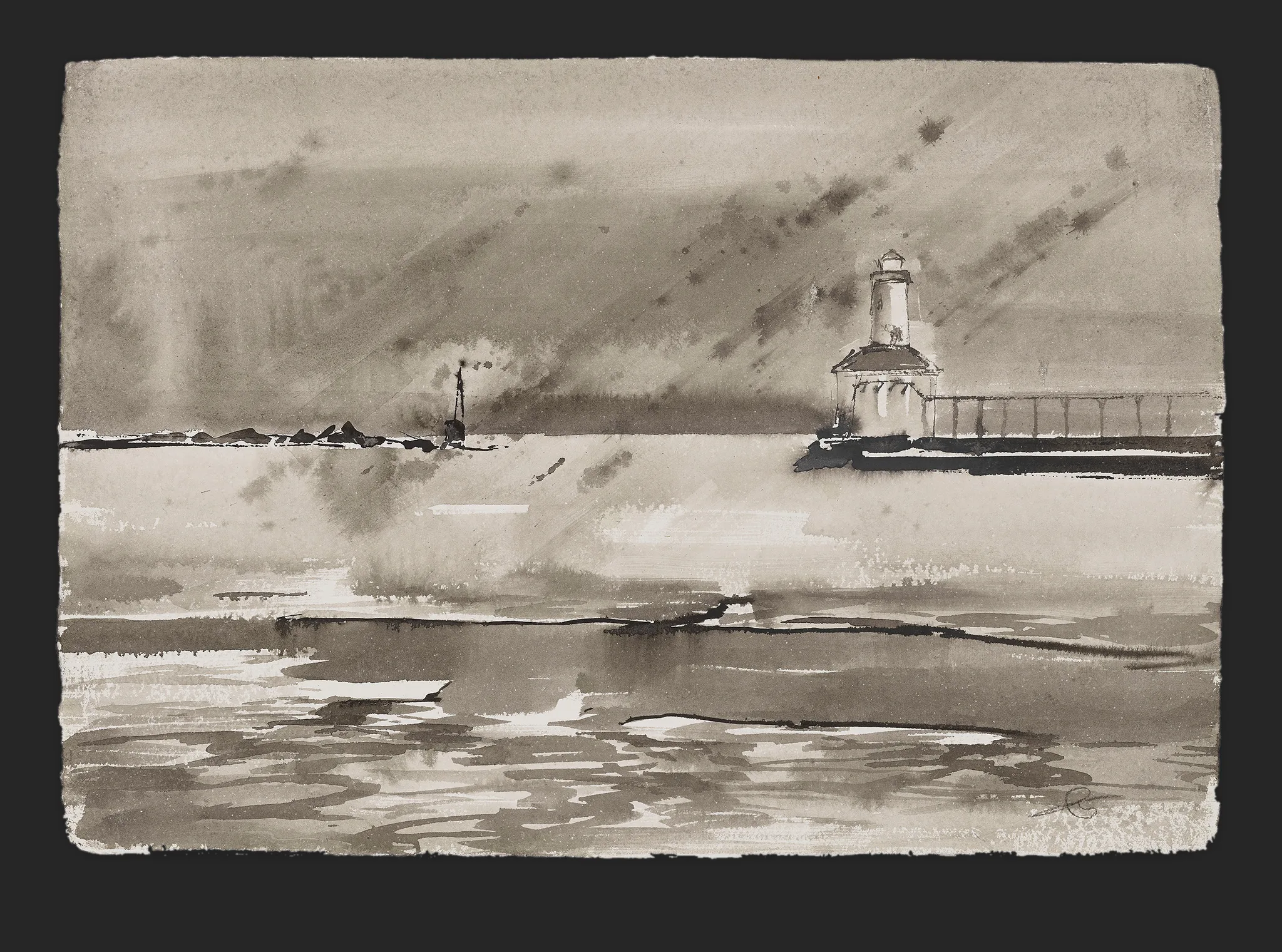 Storm on the Horizon, an original ink painting by Paul Kenton: a grey, washed-out harbour with a small white lighthouse and pier on the right under a brooding, rain-streaked sky.