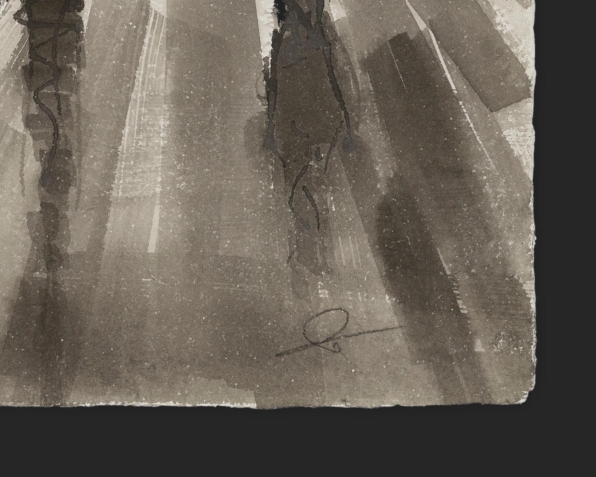 Close-up detail of Crossing Silhouettes, an original ink painting on Indian paper by Paul Kenton, showing two dark figures in grey washes, pale streaks and the artist's signature.