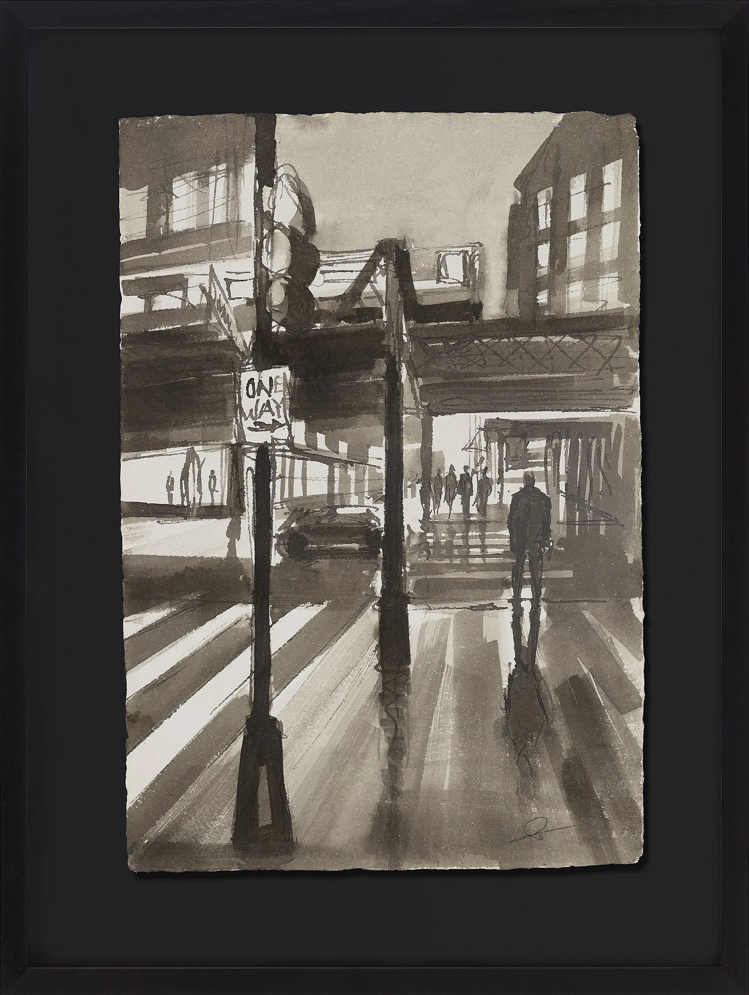 Crossing Silhouettes, an original ink painting by Paul Kenton in a black frame: a monochrome New York street scene of a sunlit crosswalk, a lone figure walking beneath an elevated structure, and a One Way sign.