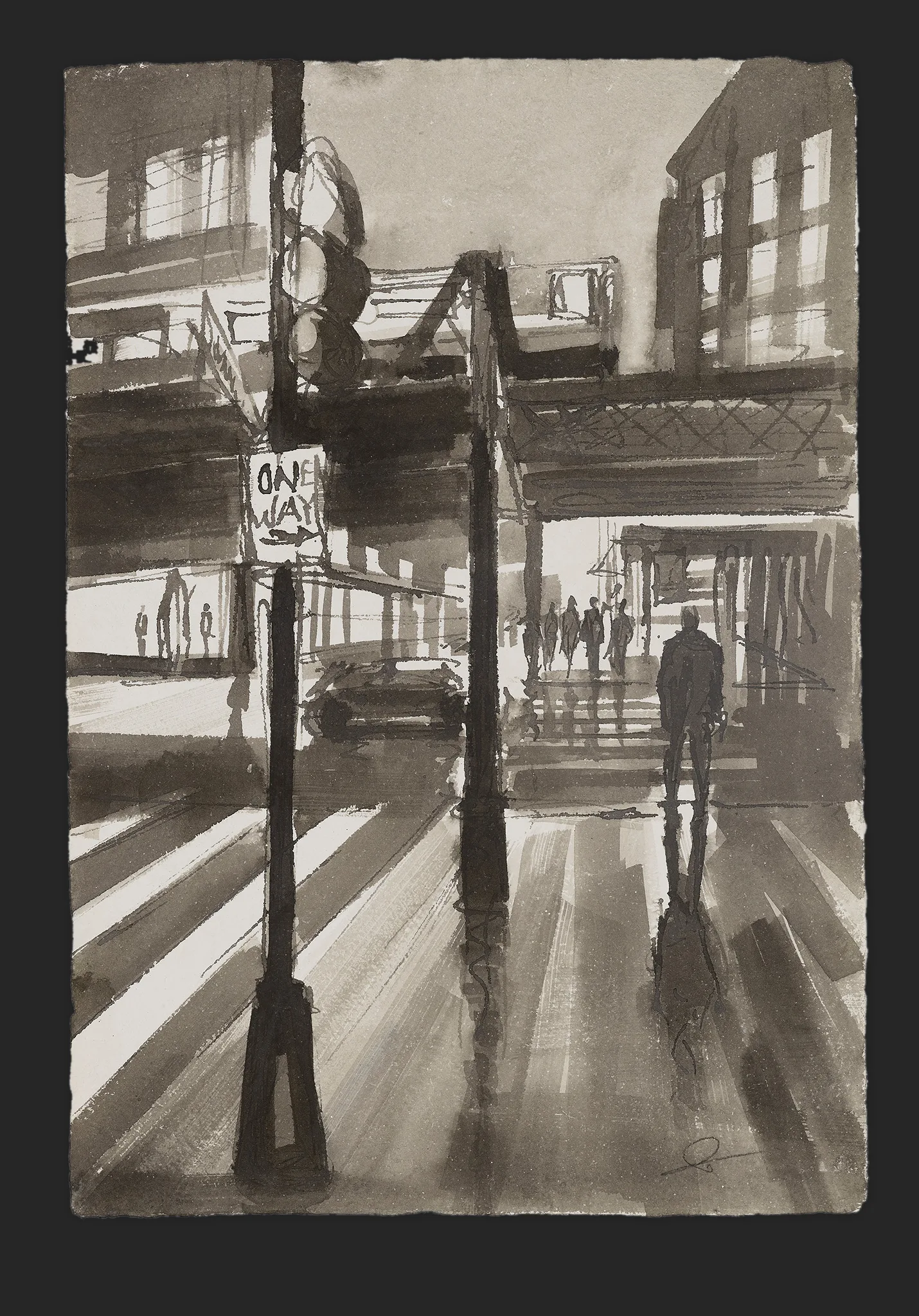 Crossing Silhouettes, an original ink painting on Indian paper by Paul Kenton: a monochrome New York street with sunlit crossings, a one-way sign, and a lone walker in dark silhouette.