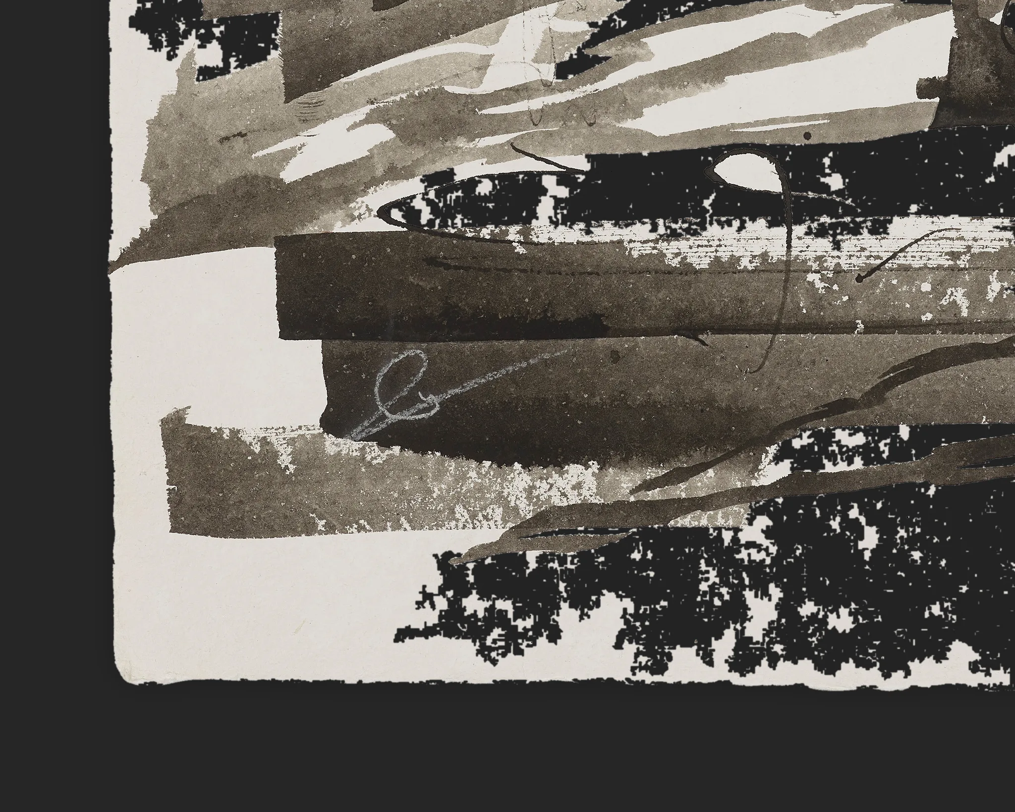 Close-up detail of Urban Mirror, an original ink painting on Indian paper by Paul Kenton, showing layered grey and black horizontal bands, ragged dark marks and a faint pencilled signature on the pale paper.