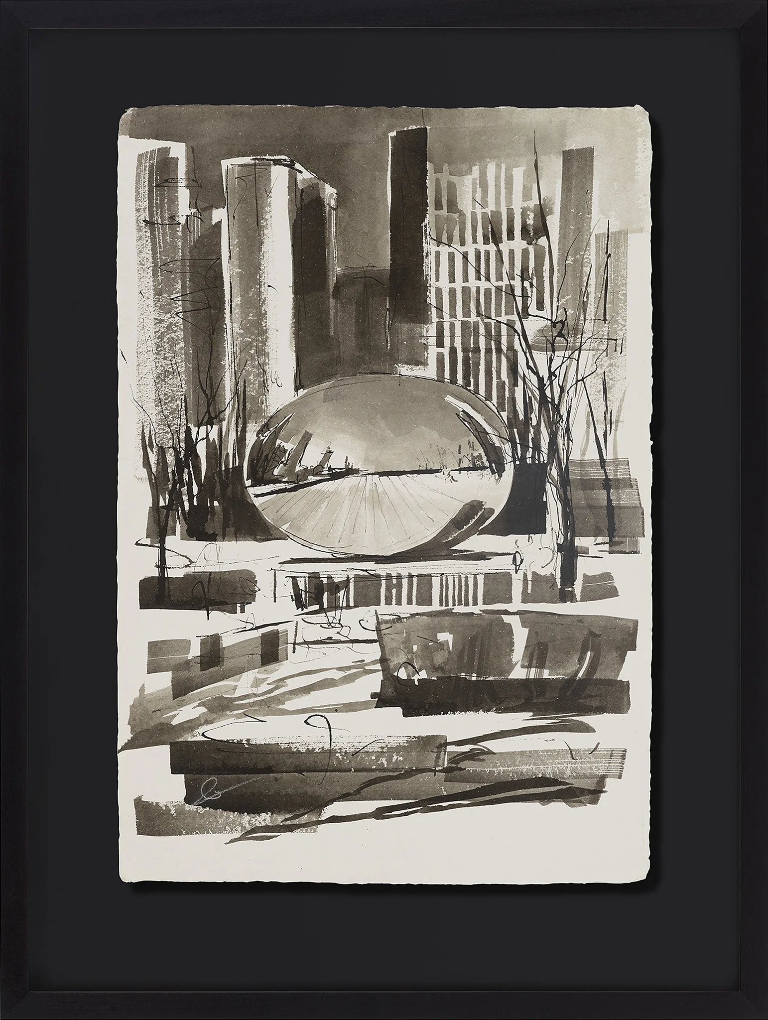 Urban Mirror, an original ink painting by Paul Kenton in a black frame: a monochrome grey view of Chicago's reflective bean sculpture before tall towers, with dark, loose brushstrokes.