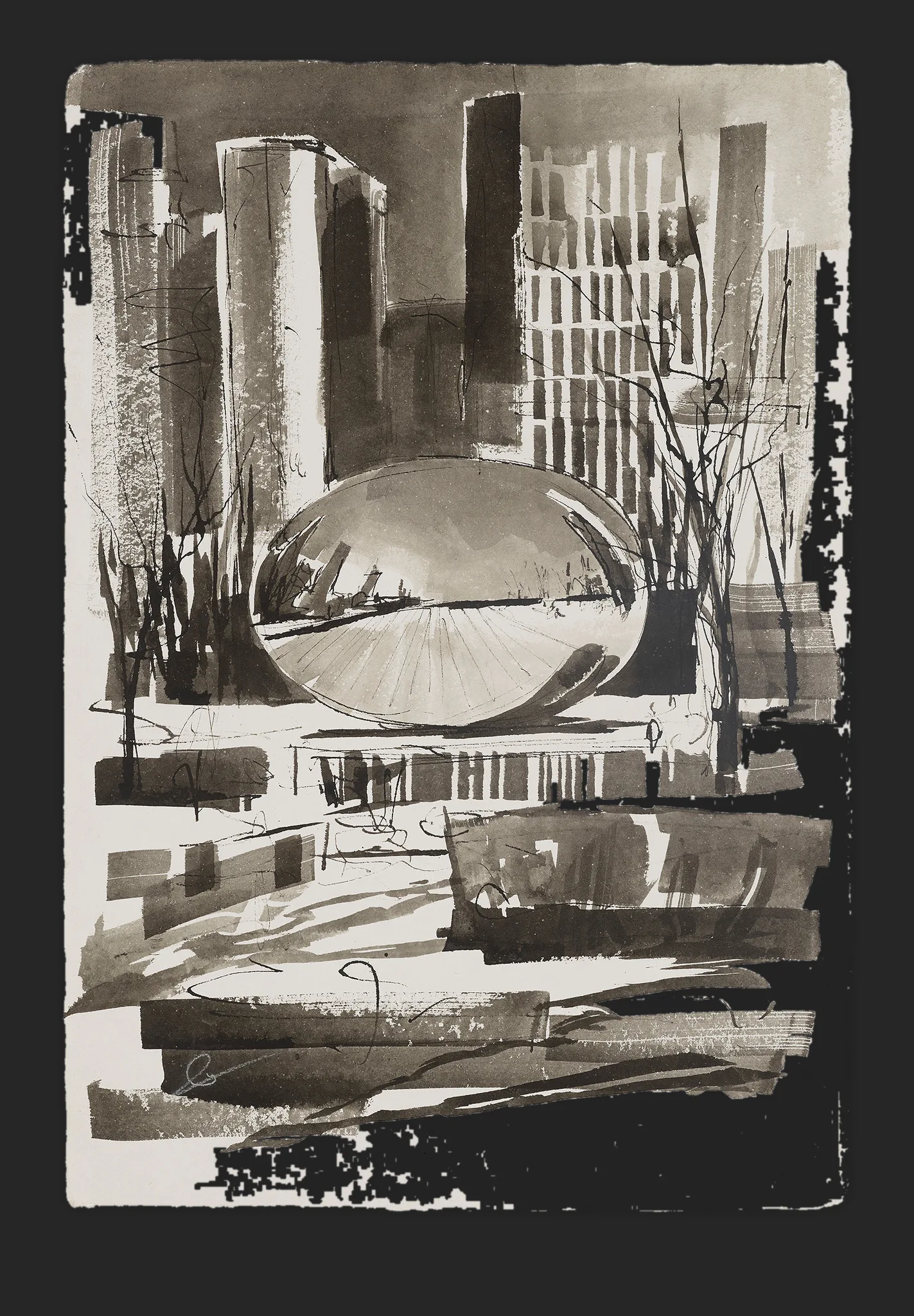 Urban Mirror, an original painting by Paul Kenton: a monochrome ink study of Chicago's reflective steel bean sculpture before tall towers, with loose, textured grey washes.