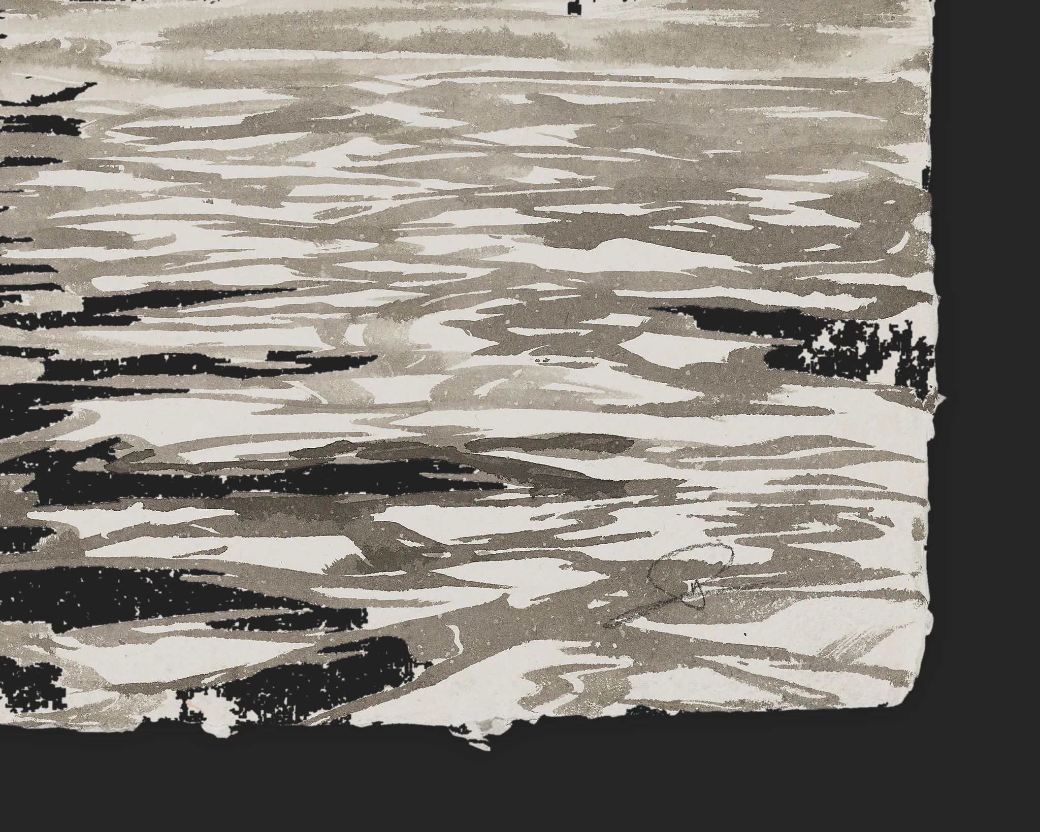 Close-up detail of Smoke on the Water, an original ink painting by Paul Kenton on Indian paper, showing rippling grey-brown water with bold white highlights and dark ink shadows, and his signature.