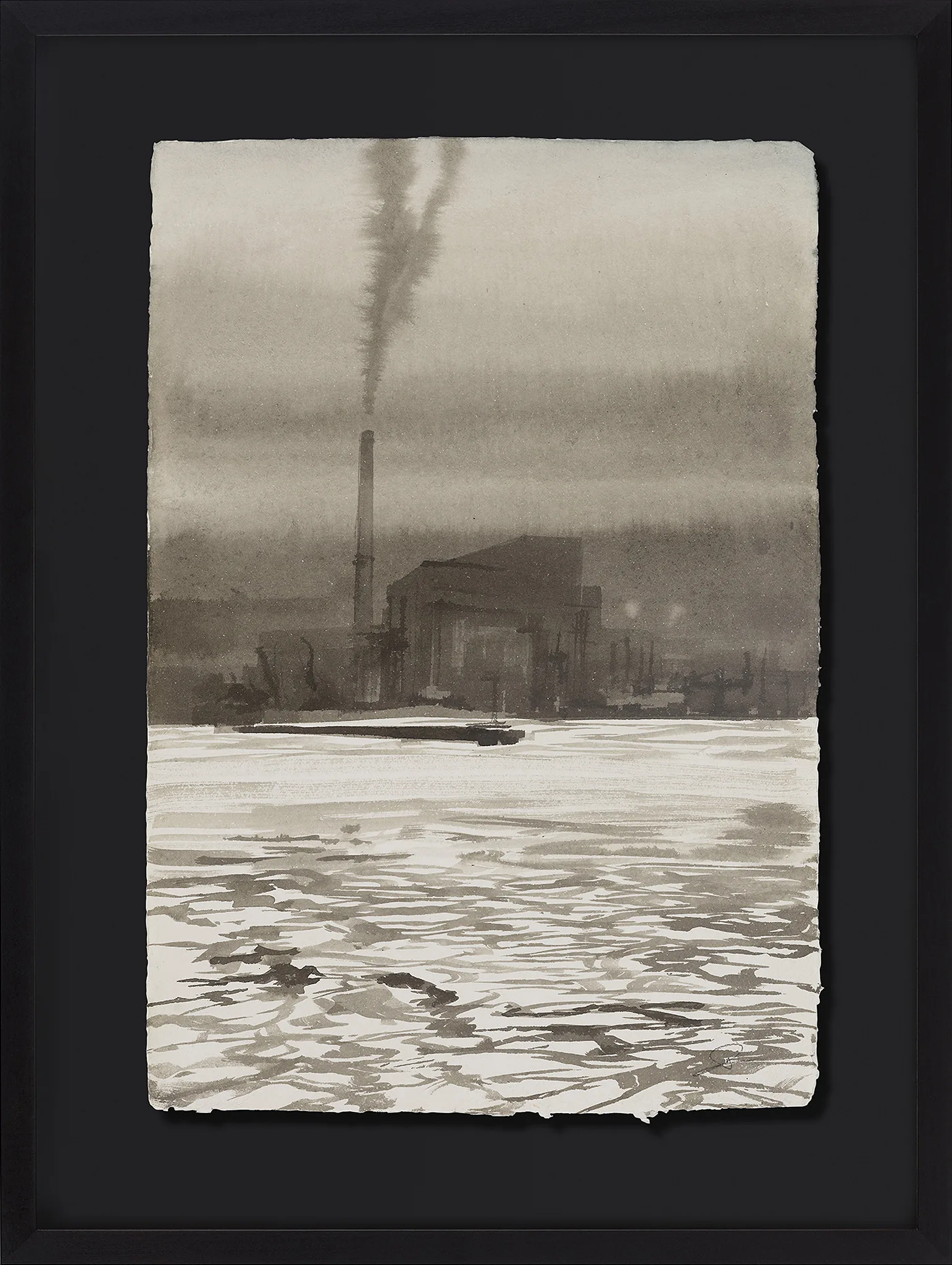 Smoke on the Water, an original ink painting by Paul Kenton, shown in a black frame: a grey industrial riverside with a tall chimney and smoke, rippled water in the foreground.