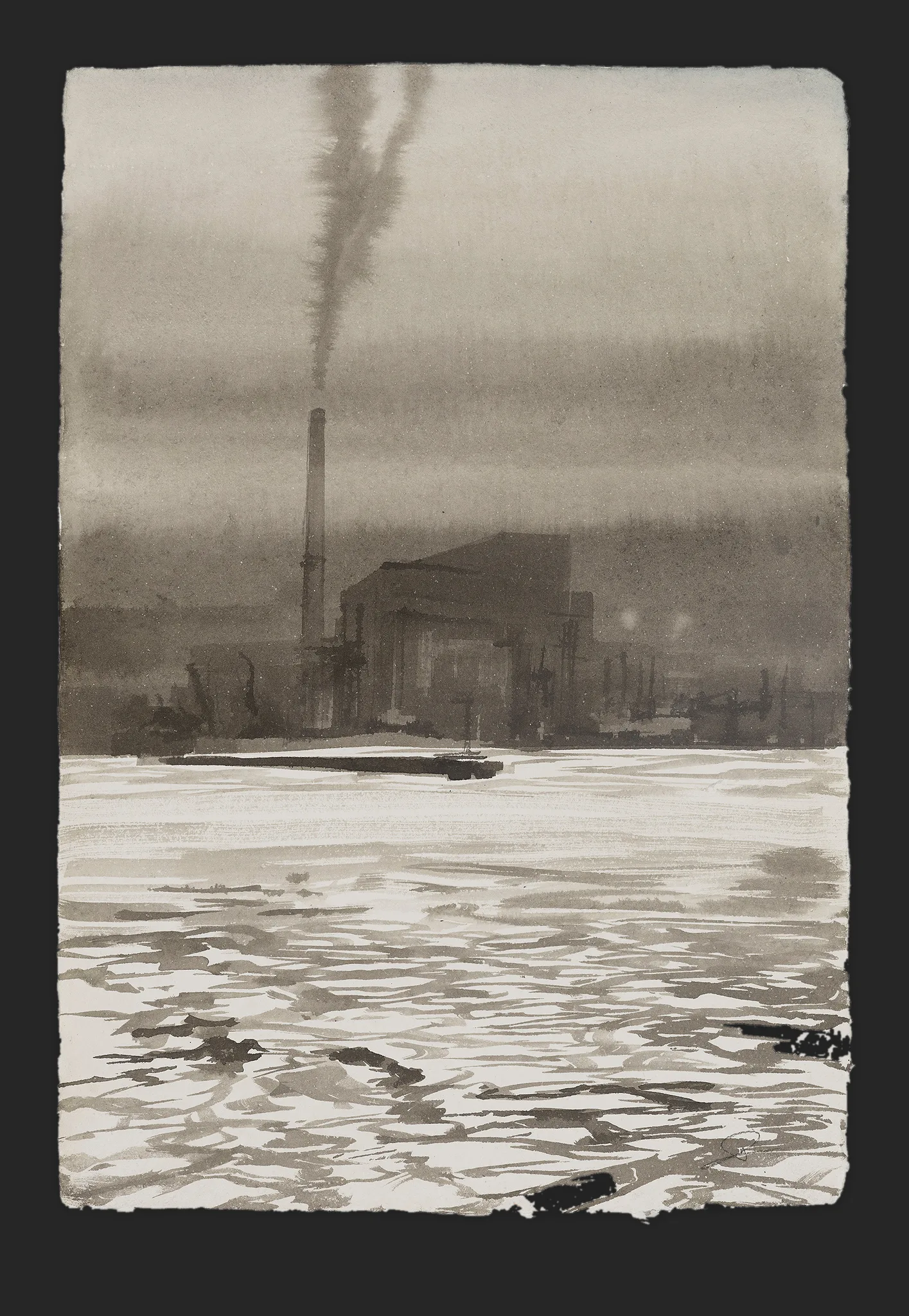 Smoke on the Water, an original painting by Paul Kenton: a brown-grey ink view of a smoking chimney and factory beside a rippling river under a hazy sky.