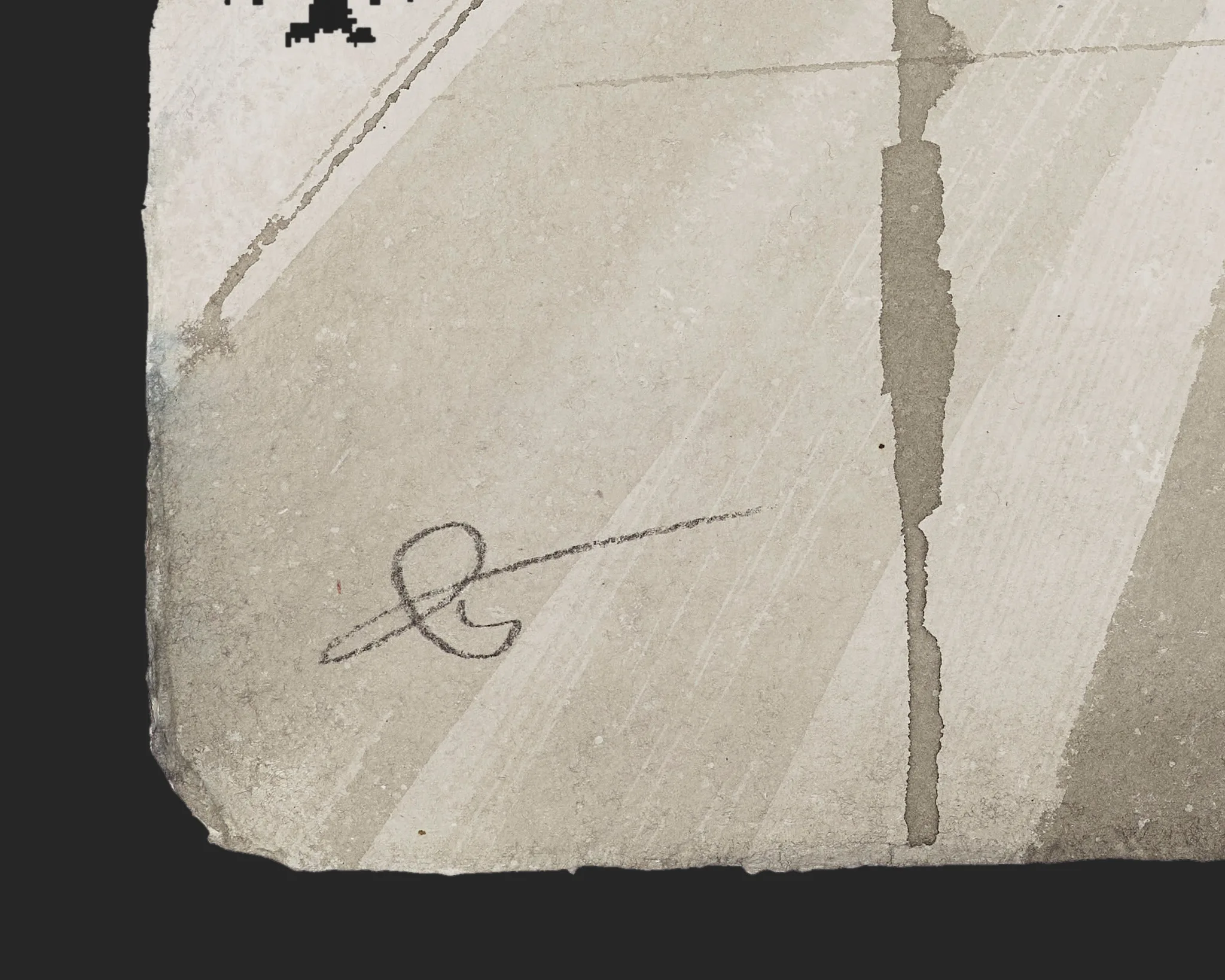 Close-up of the lower corner of Quiet City Lines, an original ink on Indian paper by Paul Kenton, showing his pencil-like signature and soft grey diagonal streaks.