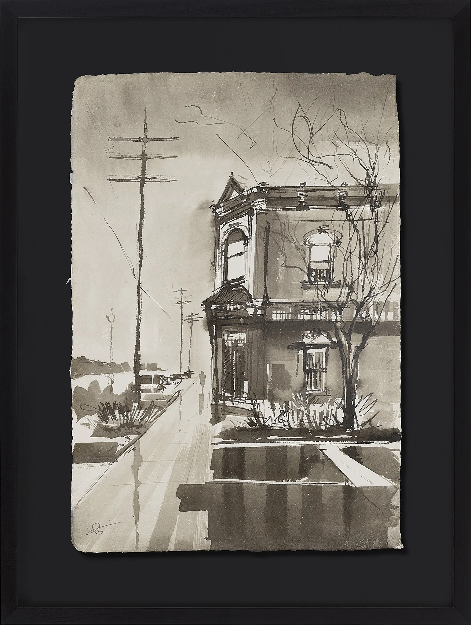 Quiet City Lines, an original ink painting by Paul Kenton in a black float-mount frame: a sketched monochrome street with a Victorian house, bare tree and utility poles in grey and sepia tones.