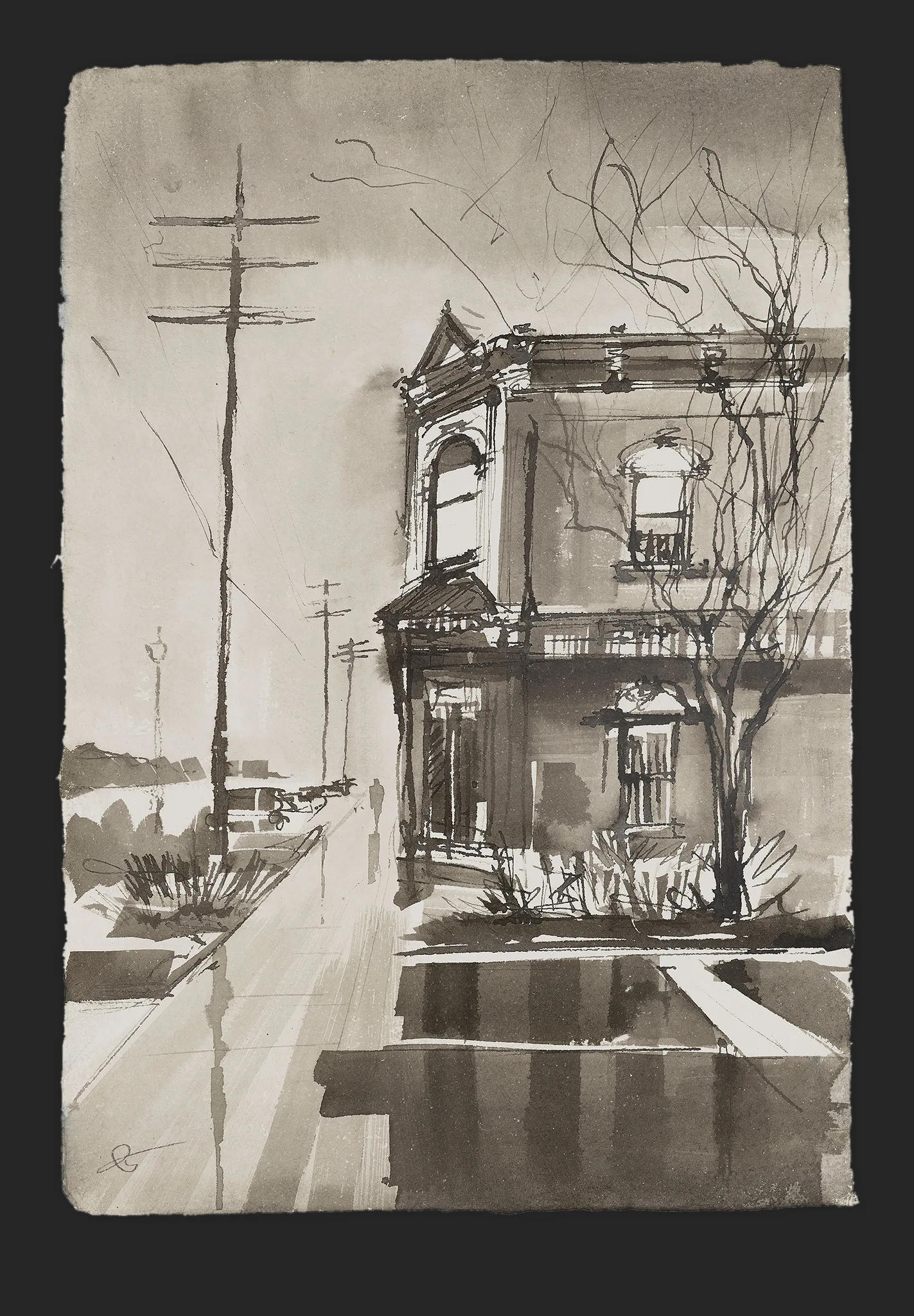 Quiet City Lines, an original painting by Paul Kenton: a loose ink wash of a two-storey Victorian house beside an empty street, with bare trees and telegraph poles in grey and sepia tones.