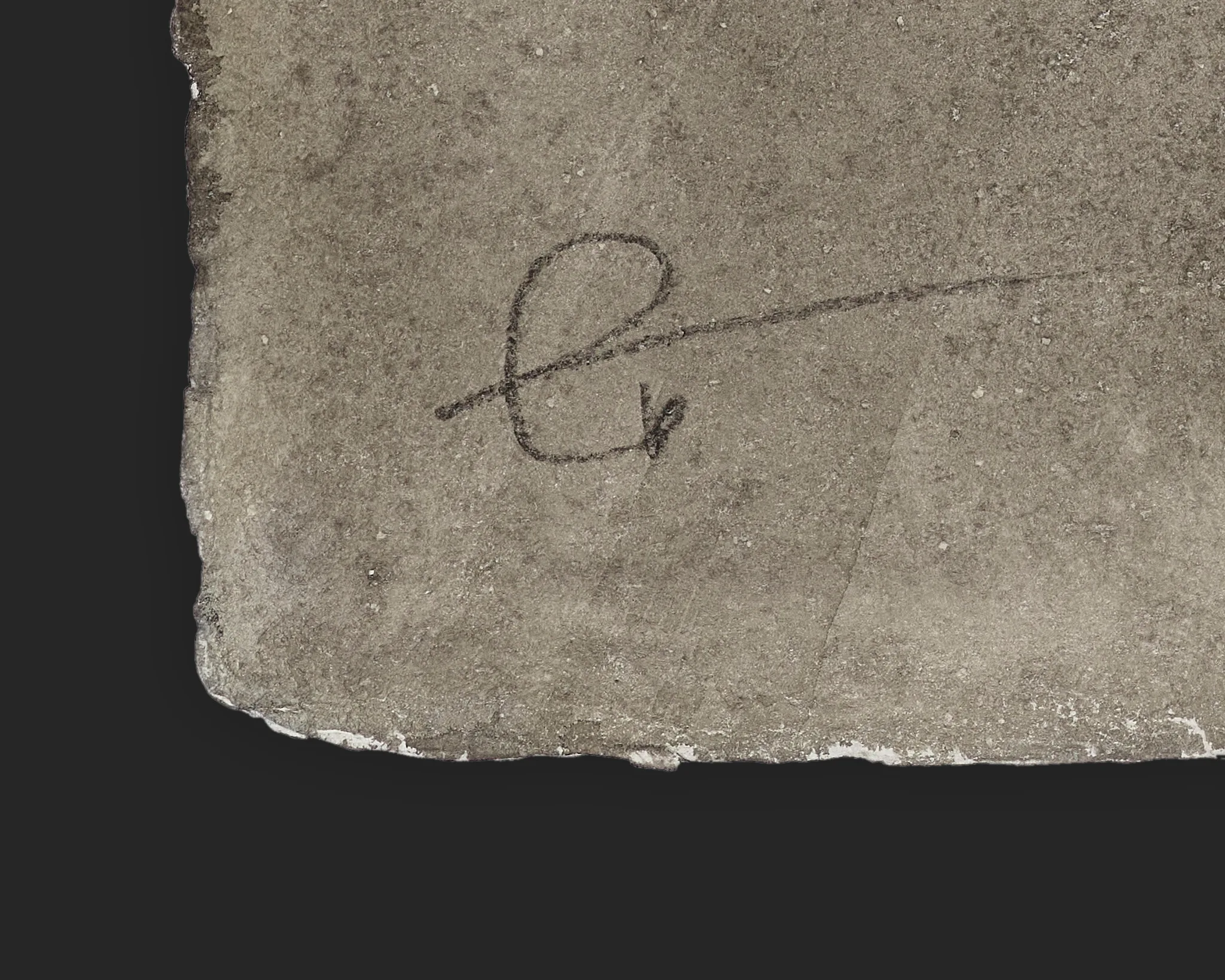 Close-up of the artist's pencilled signature in the lower corner of Harbour's Watchtower, an original painting, on rough grey paper edged against a dark background.