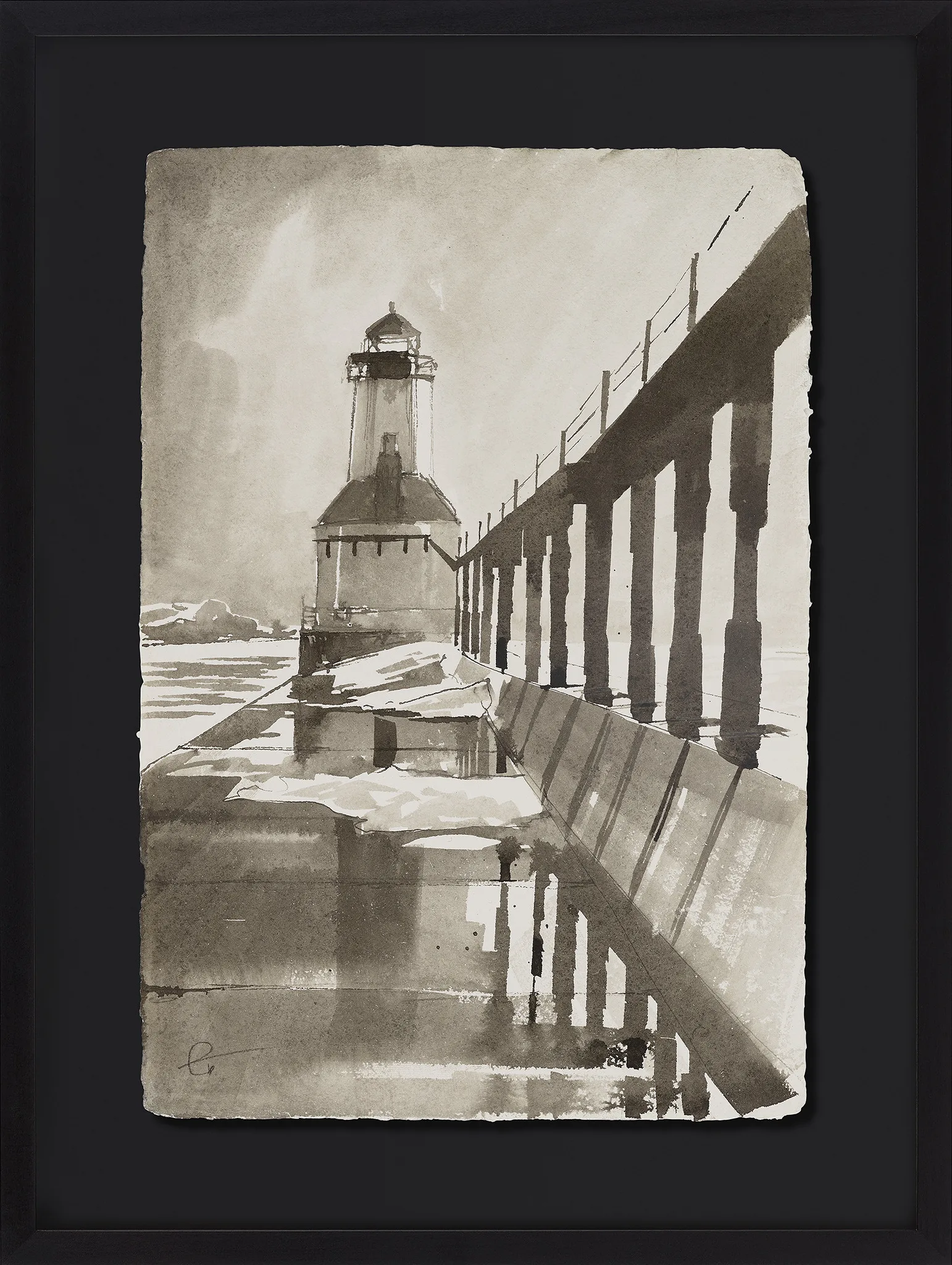 Harbour's Watchtower, an original ink painting by Paul Kenton in a black frame: a monochrome sepia lighthouse beside a long pier, its railing shadows falling across wet stone.