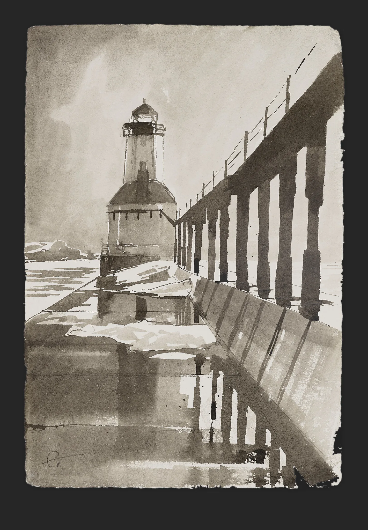 Harbour's Watchtower, an original ink on Indian paper painting by Paul Kenton: a sepia lighthouse beside a long pier with a railing, snow patches on the stone and pale wintry sky.