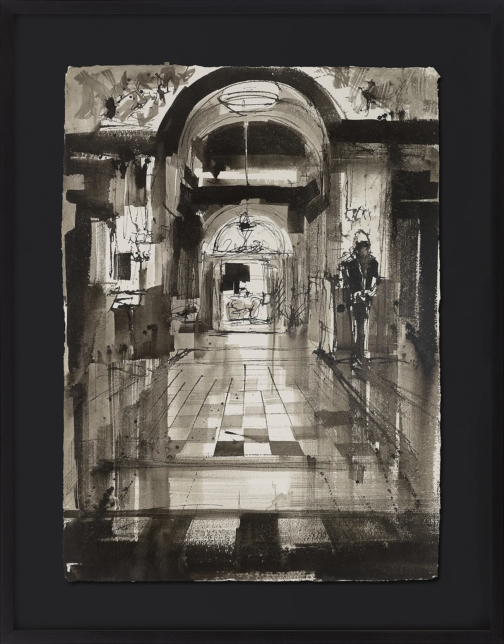 Through the Archway, an original ink painting on Indian paper by Paul Kenton in a black frame: a monochrome arched corridor receding to a glowing doorway, with a lone figure at right.