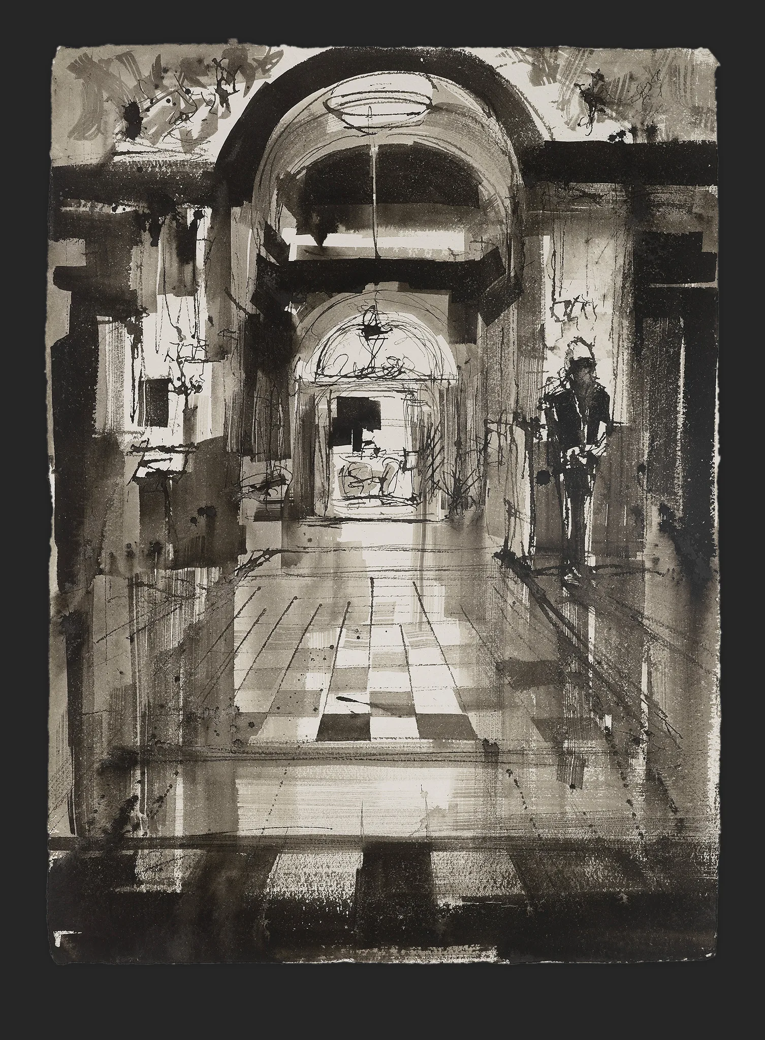 Through the Archway, an original monochrome ink painting by Paul Kenton: a vaulted corridor with a chequered floor recedes toward a bright arch, a lone figure stands at right, in greys and black.