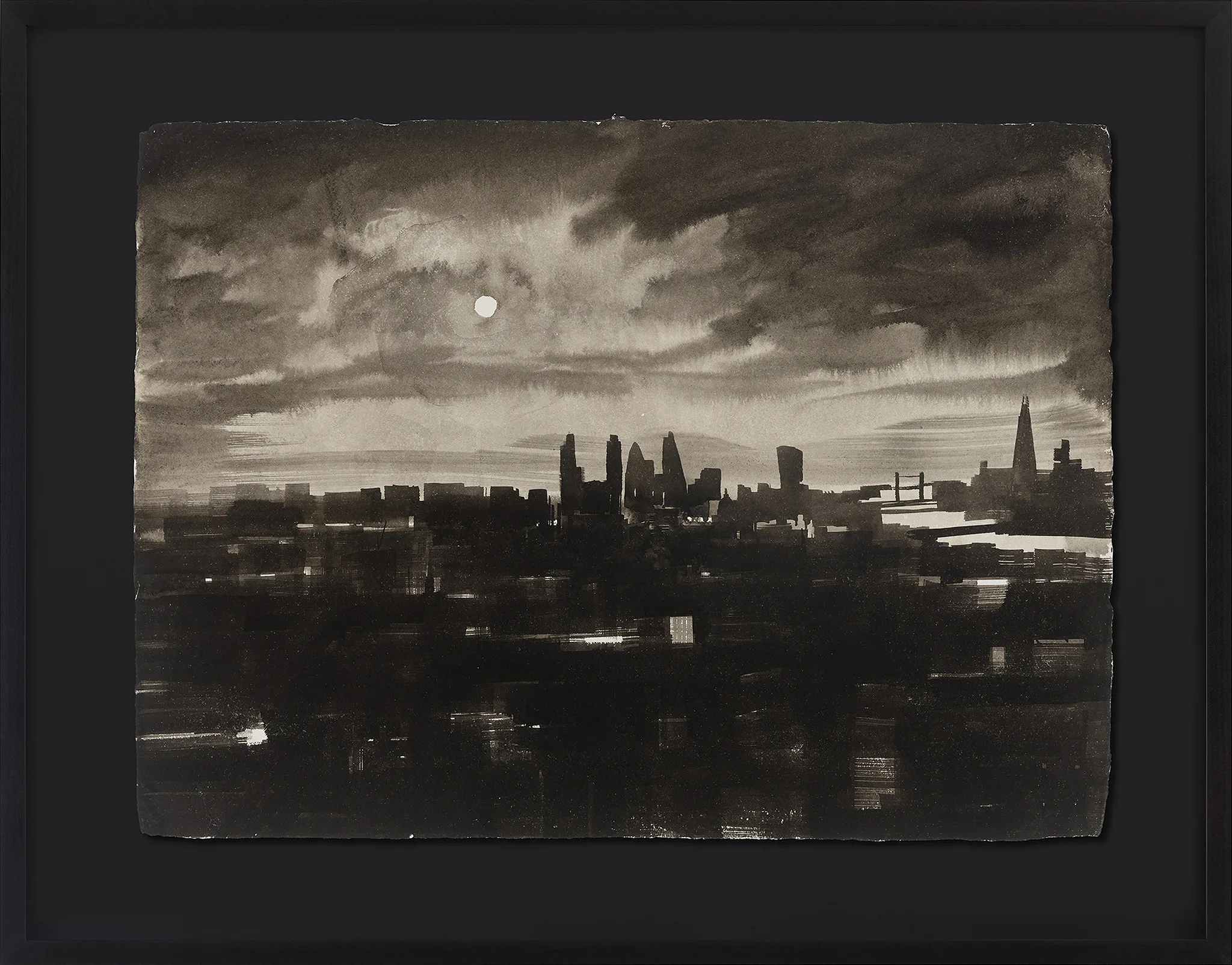 Skyline in Contrast, an original ink painting on Indian paper by Paul Kenton, shown in a black frame: a monochrome London skyline of towers silhouetted under a moonlit, cloudy sky.