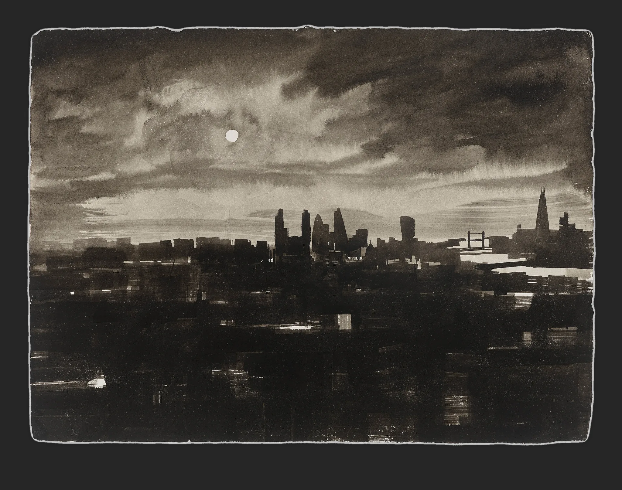 Skyline in Contrast, an original ink painting on Indian paper by Paul Kenton: a dark London skyline silhouetted under a pale moon and churning grey clouds, with city lights glimmering below.