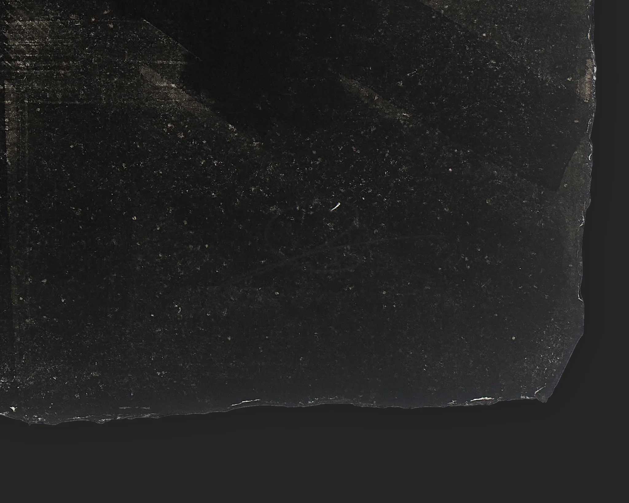 Close-up detail of London Horizons, an original ink painting by Paul Kenton, showing dense black ink with grainy, textured marks on Indian paper and a torn edge.