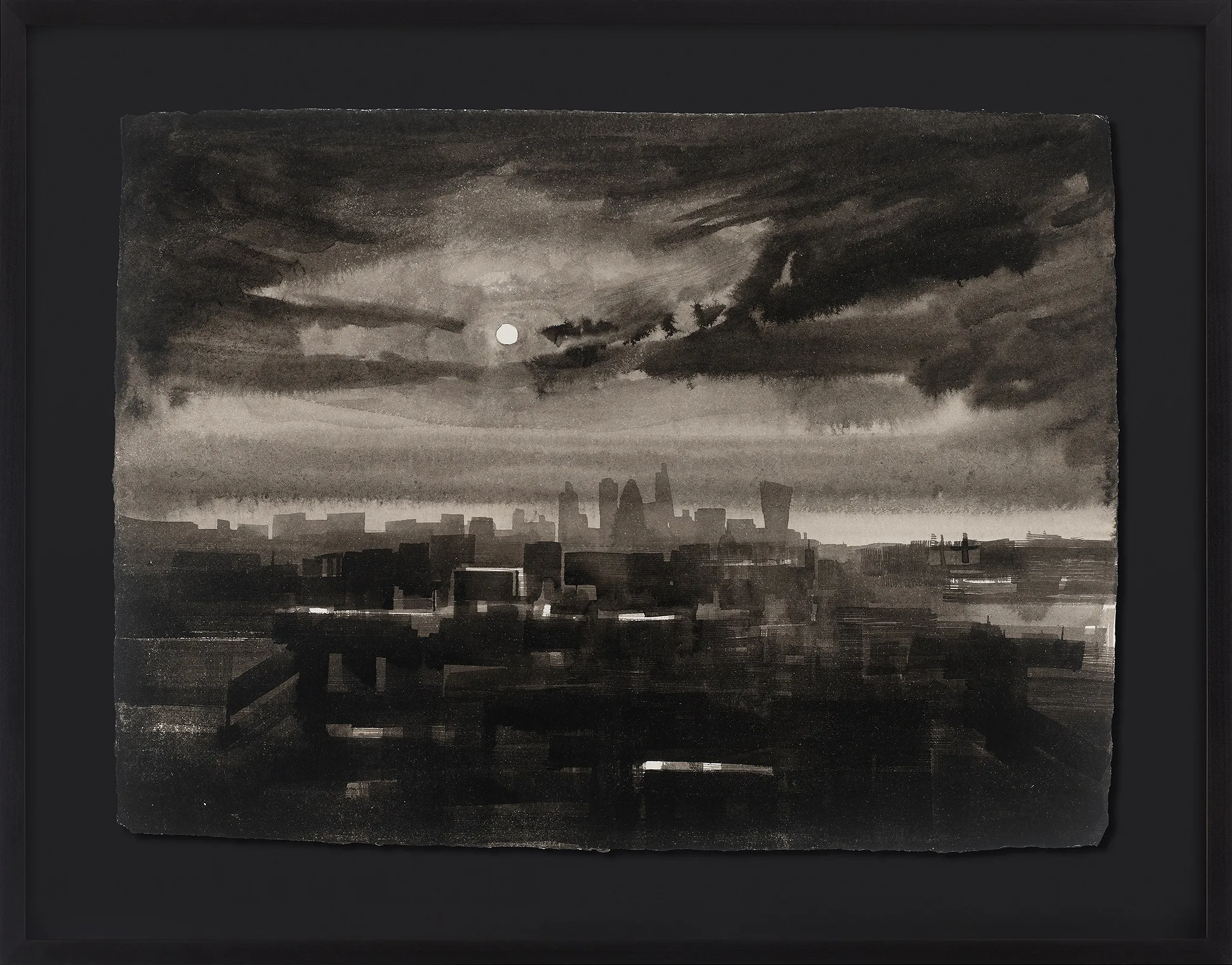 London Horizons, an original ink on Indian paper painting by Paul Kenton, shown in a black frame: a monochrome London skyline under a moody, swirling sky with a pale moon.