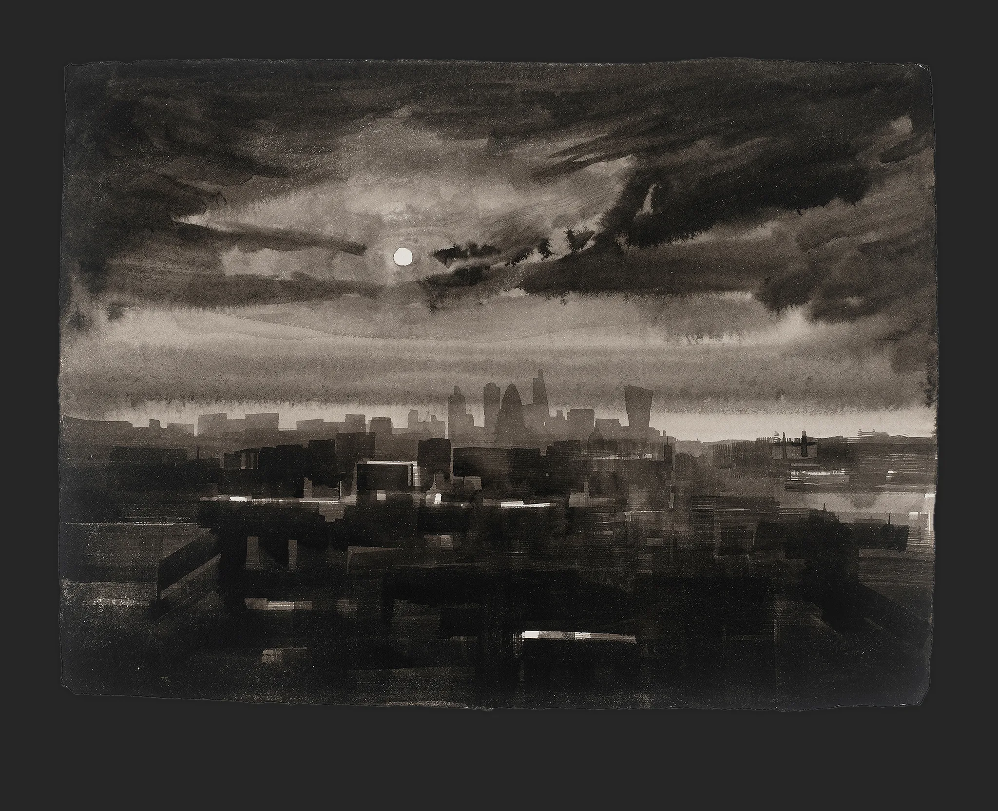 London Horizons, an original ink painting by Paul Kenton: a monochrome night skyline of London under dark, swirling clouds, with a pale moon and the towers rising above a dark, blurred foreground.