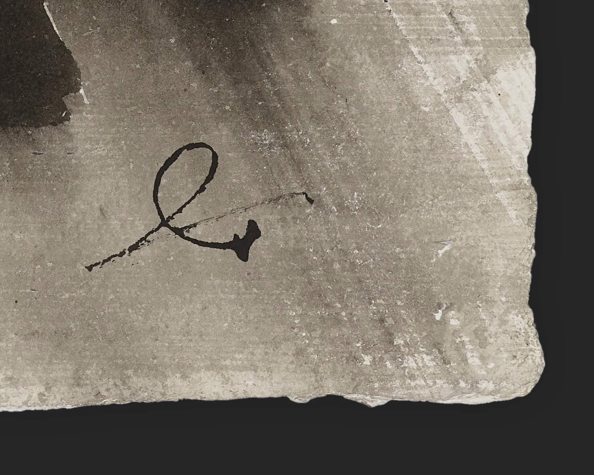 Close-up of the lower corner of Piccadilly Rhythm, an original ink on Indian paper, showing Paul Kenton's black ink signature over soft grey wash and paper texture.