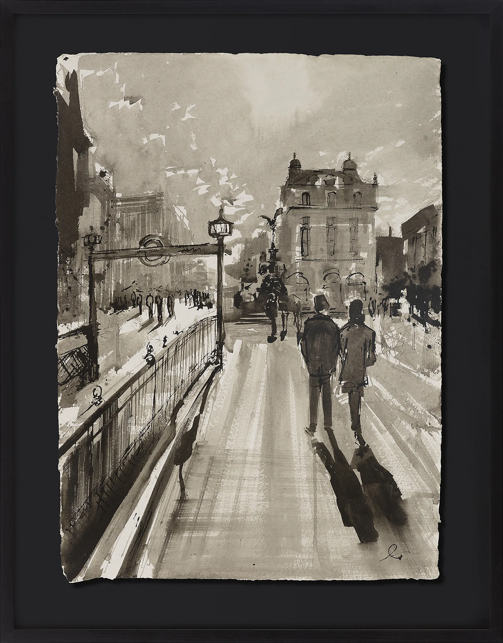 Piccadilly Rhythm, an original monochrome ink painting by Paul Kenton of two men walking down a sunlit London street toward a statue, in a black frame.