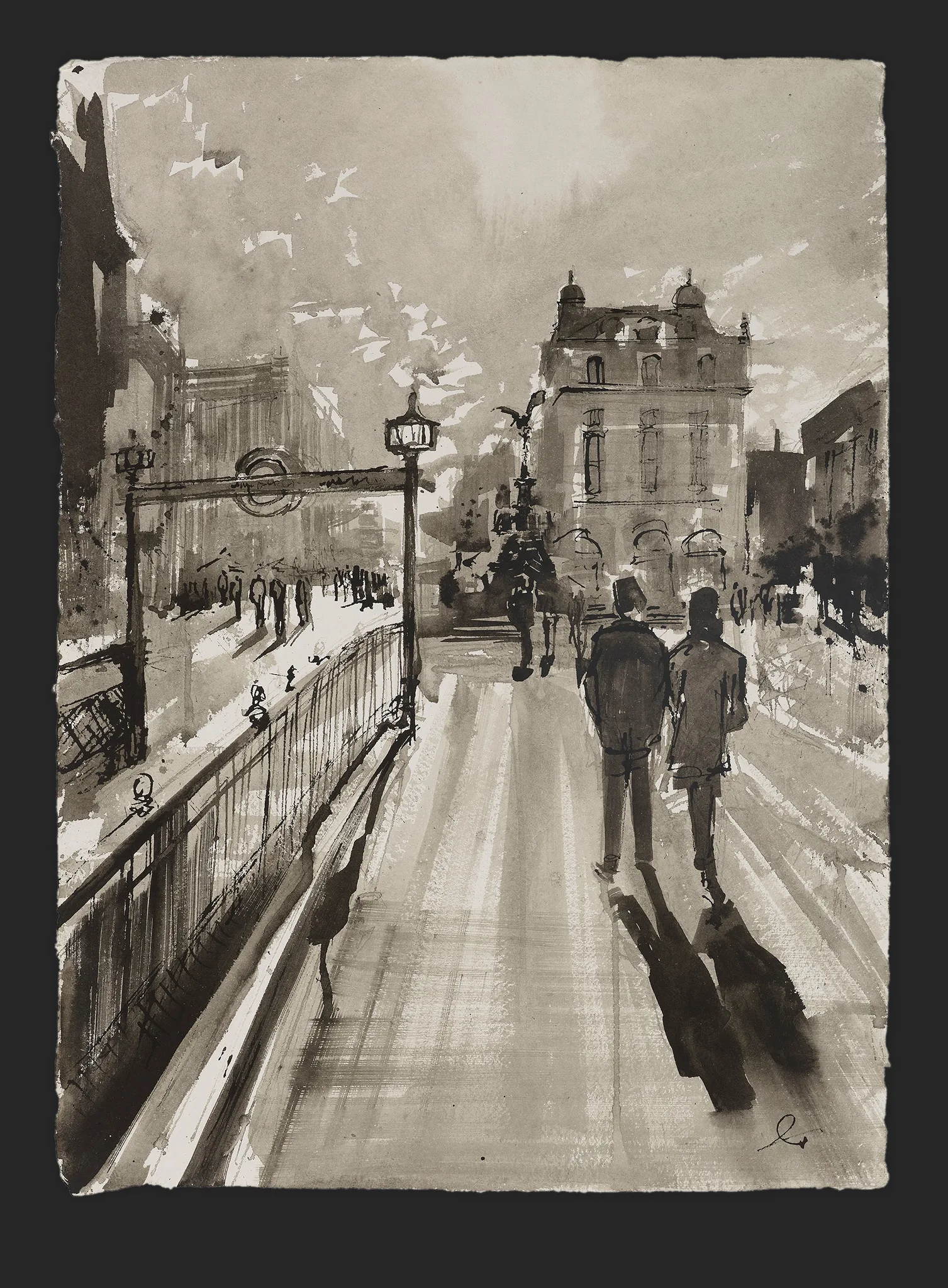 Piccadilly Rhythm, an original ink painting by Paul Kenton: two men in top hats walk down a wide, pale street in London, with a lamp-post, iron railing and a monument beyond, all in grey and sepia tones.