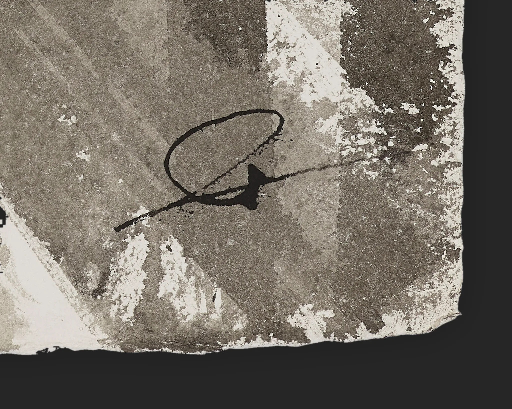 Close-up detail of St Paul's in Motion, an original ink on Indian paper painting by Paul Kenton, showing a dark looping ink line over pale, worn grey textures and torn paper edges.