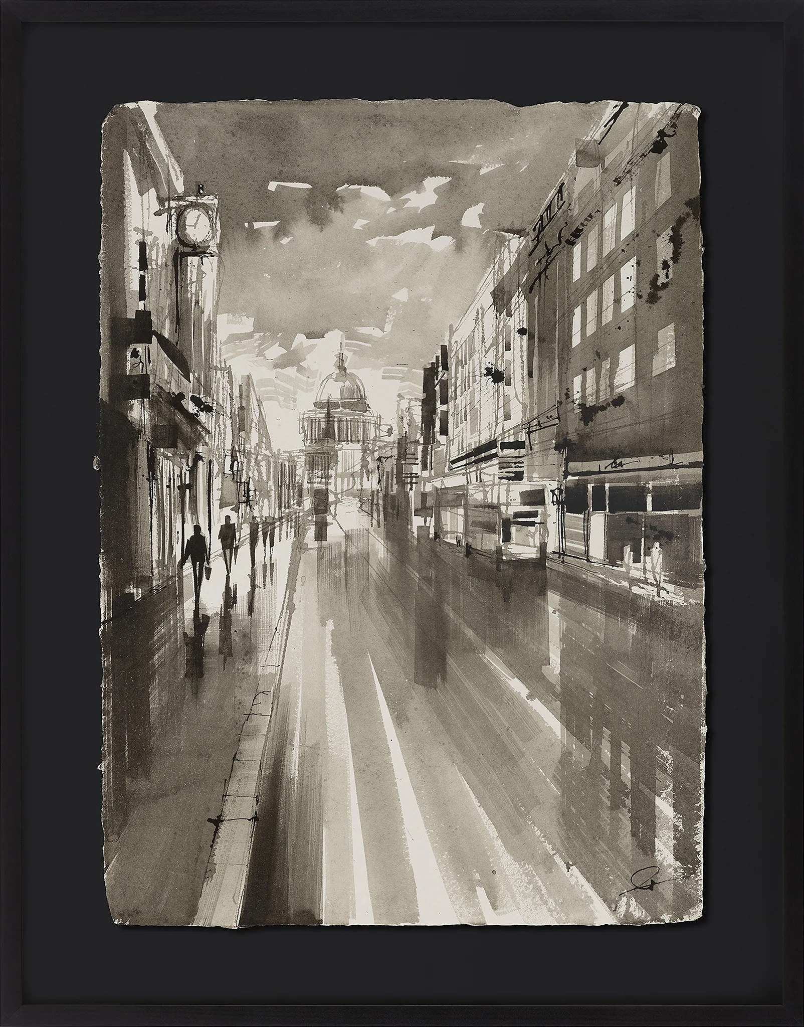 St Paul's in Motion, an original monochrome ink painting by Paul Kenton in a black frame: a rain-washed London street rushes toward the dome of St Paul's Cathedral, with walkers on the left.