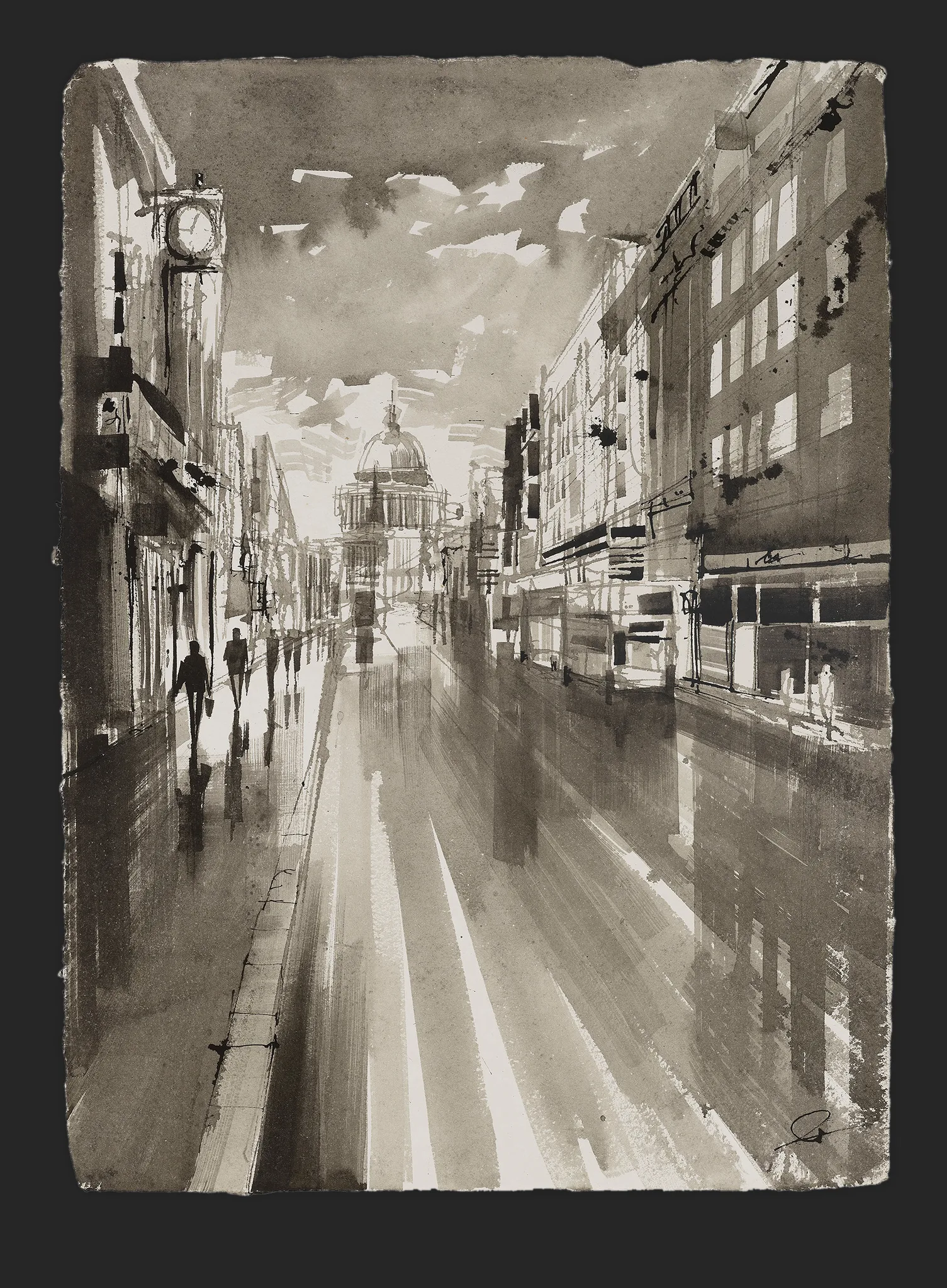 St Paul's in Motion, an original ink painting by Paul Kenton: a monochrome city street in London running towards the dome of St Paul's, with silhouetted pedestrians on the left and loose, sketchy grey washes.